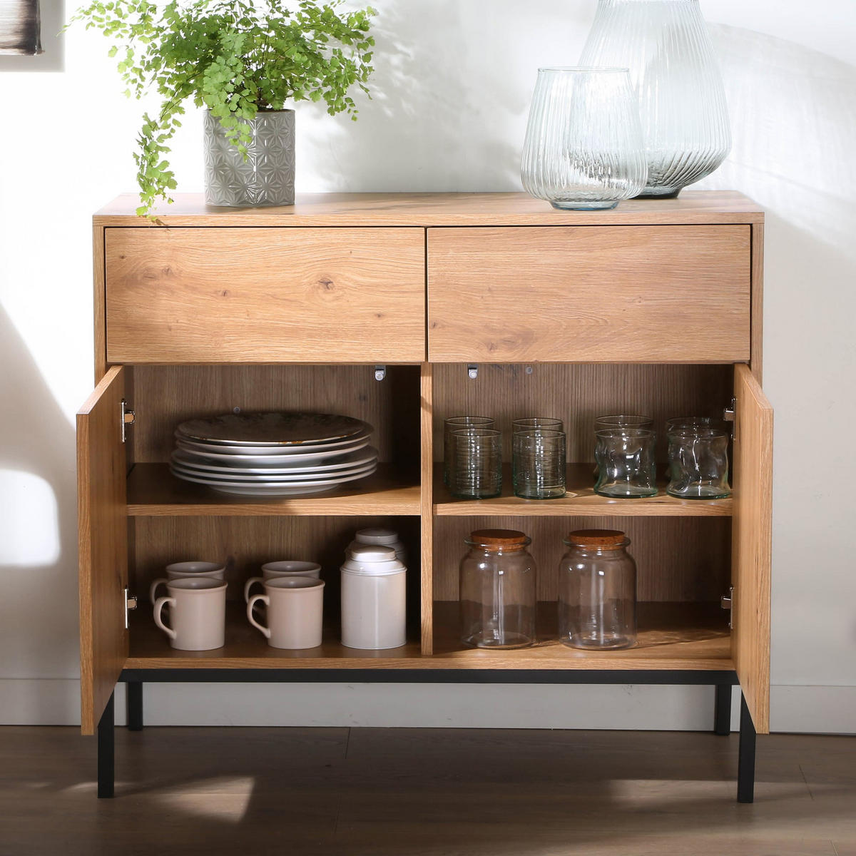 KOMMODE 2 Türen2 SchubladenEichendekor 40/80/90 cm - Eichefarben, Holzwerkstoff (90/80/12.5cm) - Calicosy