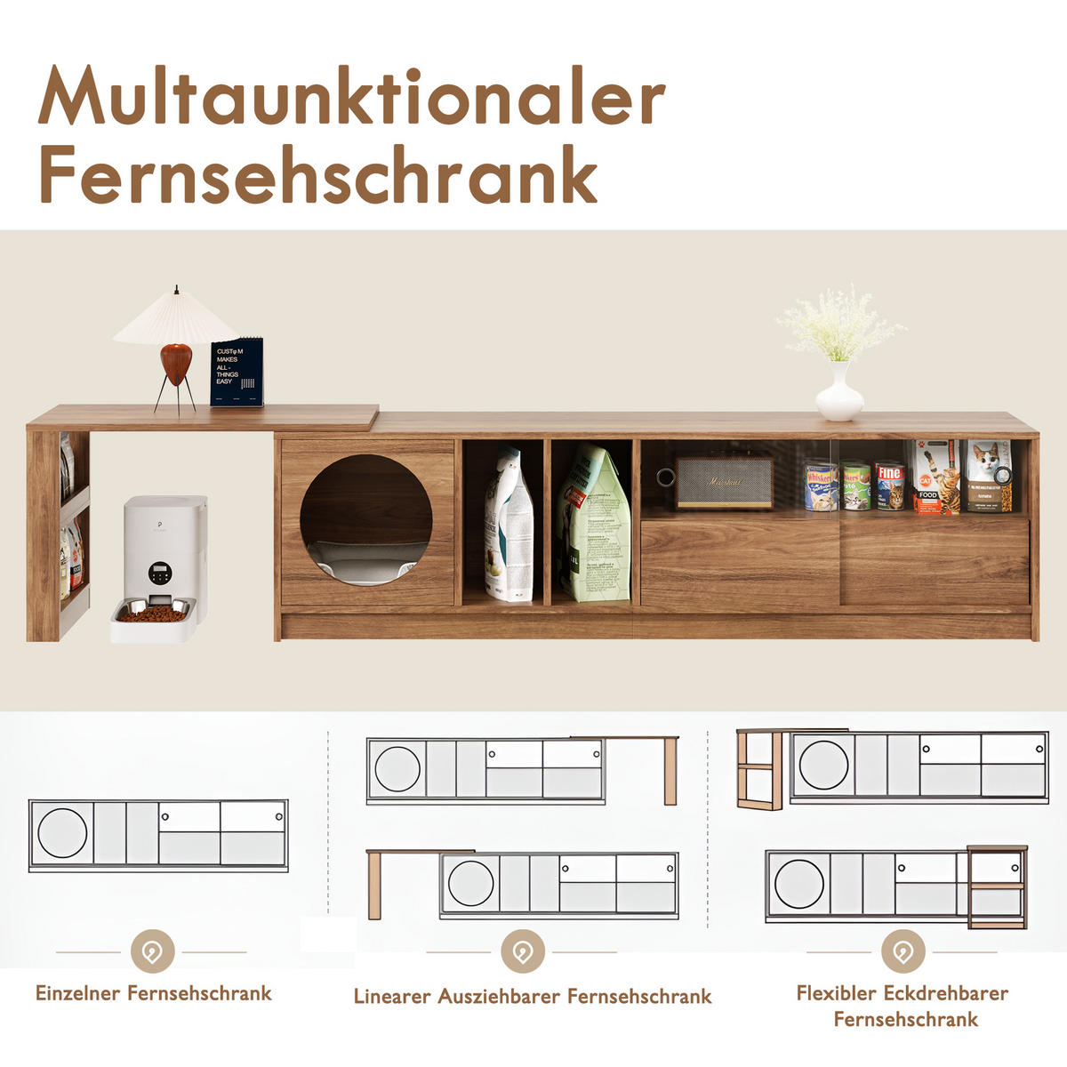 TV-SCHRANK SET Nussbaum drehbarer TV-Schrank + Couchtisch Haustier-Möbel - Walnussfarben, Holz (40/50/180cm) - FLIEKS