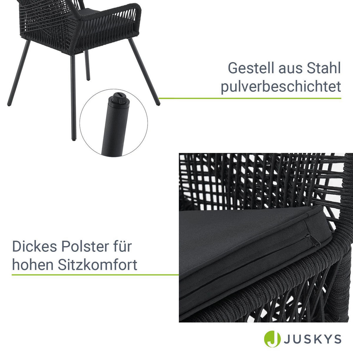 GARTENSTÜHLE Rope Kastos schwarz (2er-Set) - Schwarz, Metall (57/86/61cm) - Juskys