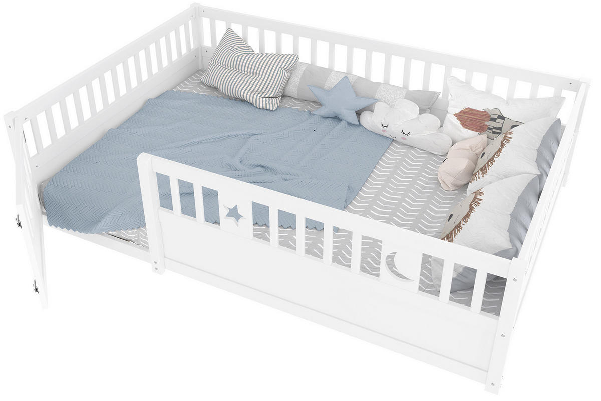 KINDERBETT aus Kiefer 140x190 cm Weiß mit Sicherheitsgitter, Zauntür mit Schloss und Stern-Mond-Dekor - Weiß, Holzwerkstoff (140/190cm) - Modfu