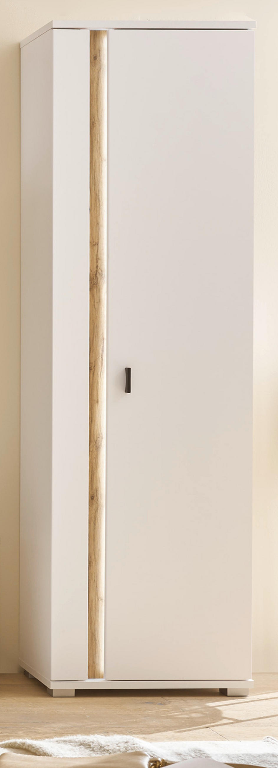 STAURAUMSCHRANK weiß matt, Eiche Wotan 55 x 200 cm, Mehrzweckschrank inklusive Frontbeleuchtung - Silberfarben/Eiche Wotan, Holzwerkstoff/Kunststoff (55/200/35cm) - Furn.Design