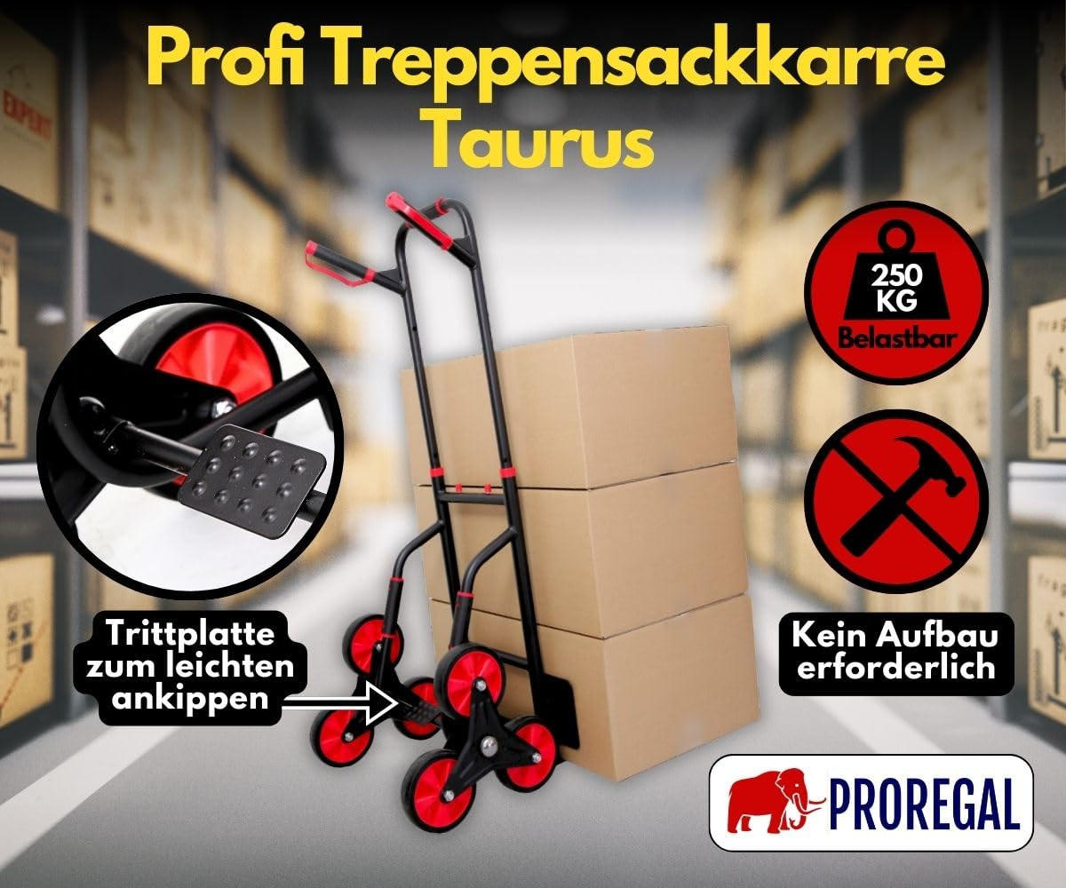 TREPPENSTEIGER Sackkarre Taurus 250 115x52x63cm Traglast 250kg Stahlrahmen Rot-Schwarz - Schwarz, Metall (63/52/115cm) - PROREGAL