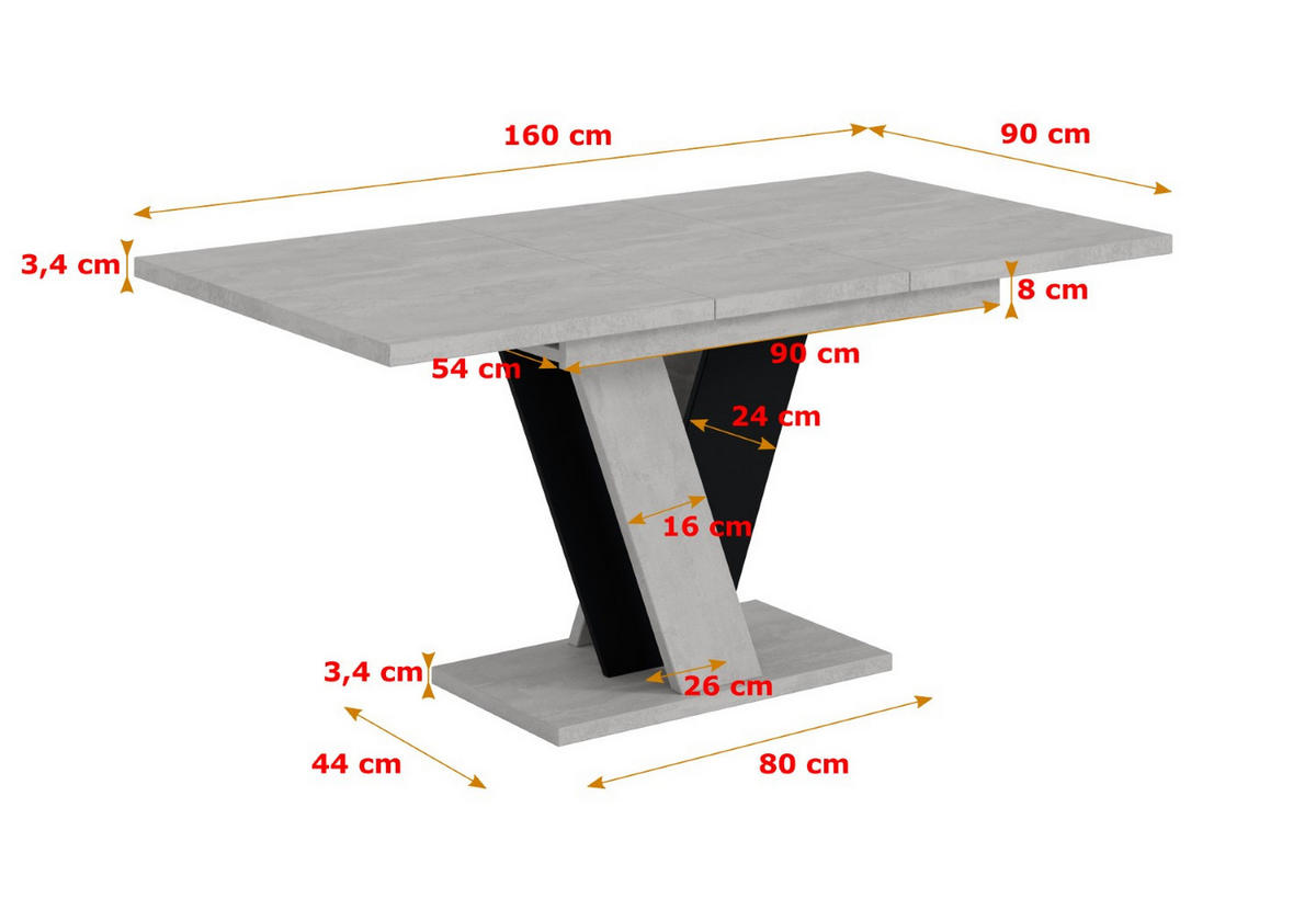 ESSTISCH ausziehbar 120 -160x90x75 cm - Betonoptik K350/Schwarz - INEY - Schwarz, Holzwerkstoff (120/90/75cm) - ALTDECOR