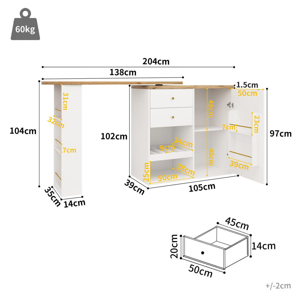 BARSKA miza 138/39/104 cm z vrtljivimi stranskimi regali, 4 predali in odprtimi policami, bela - bela, leseni material (39/102/105cm) - Redom