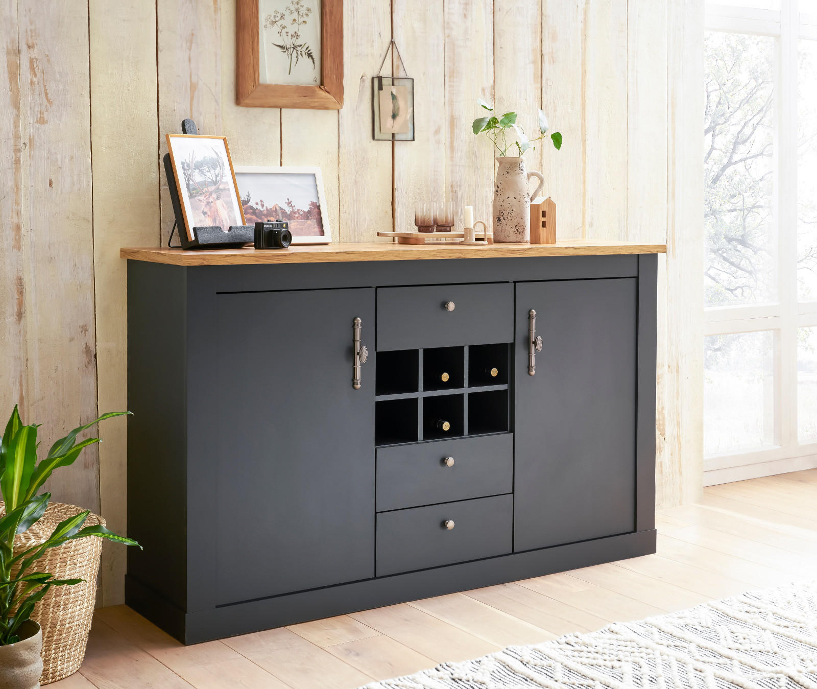 SIDEBOARD grau, Eiche Wotan, Landhaus 169 cm, Kommode mit Soft-Close - Silberfarben/Eiche Wotan, Holzwerkstoff/Kunststoff (169/104/45cm) - Furn.Design