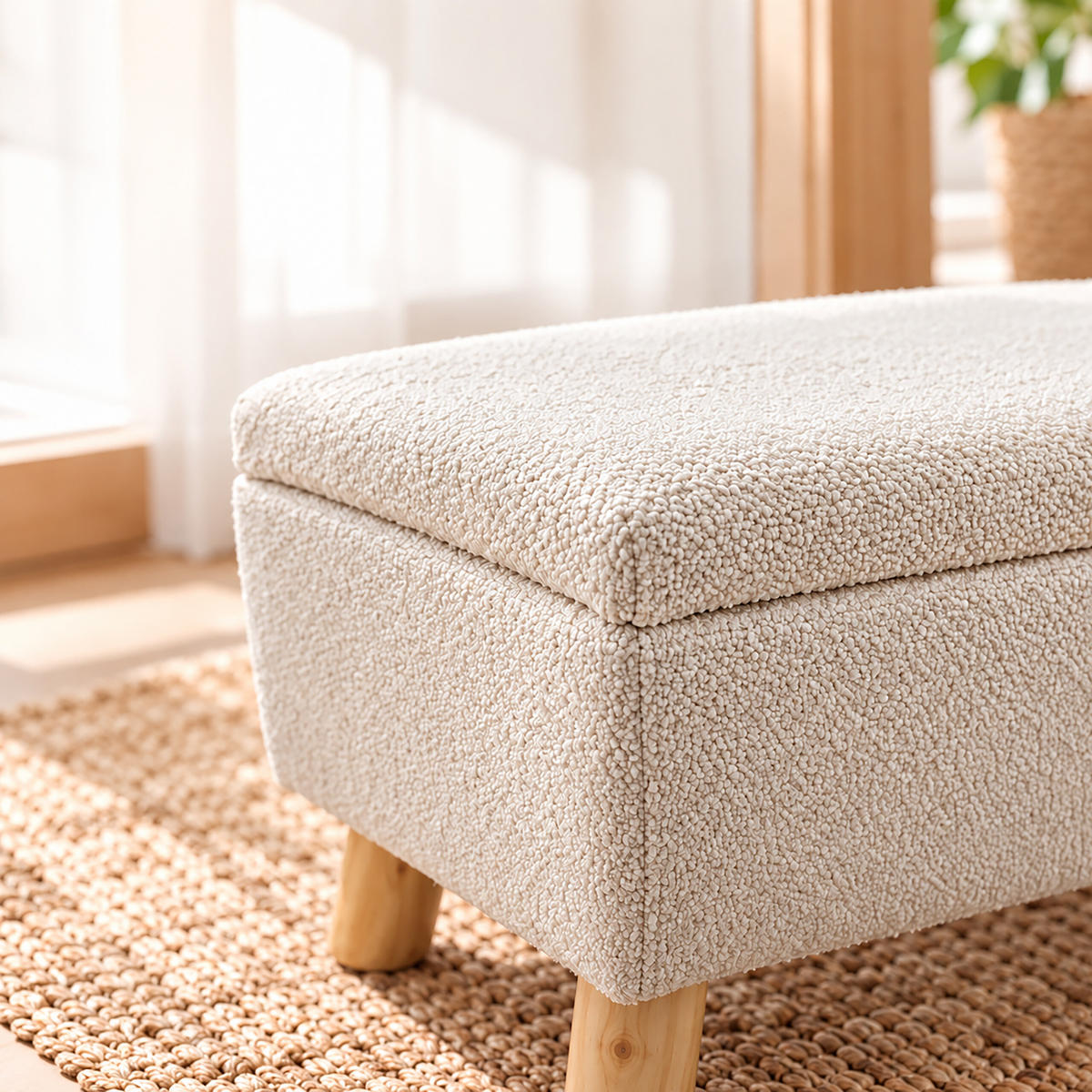 TABURE Bež s prostorom za shranjevanje bouclé lesene noge 28x40x30 cm - bež, umetna masa/tekstil (40/28/30cm) - Relaxdays
