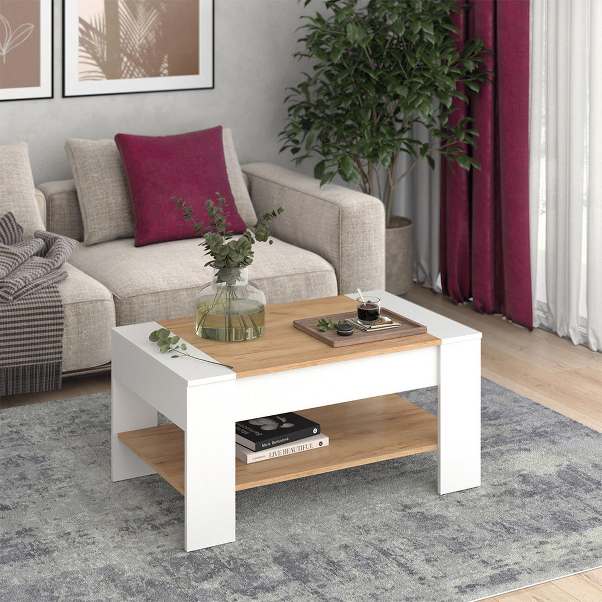 COUCHTISCH August Goldkraft Eiche/Weiß 99.6 x 58.8 cm mit Schublade - Eiche Wotan/Weiß, Holzwerkstoff (58.8/99.6/48.2cm) - Vicco