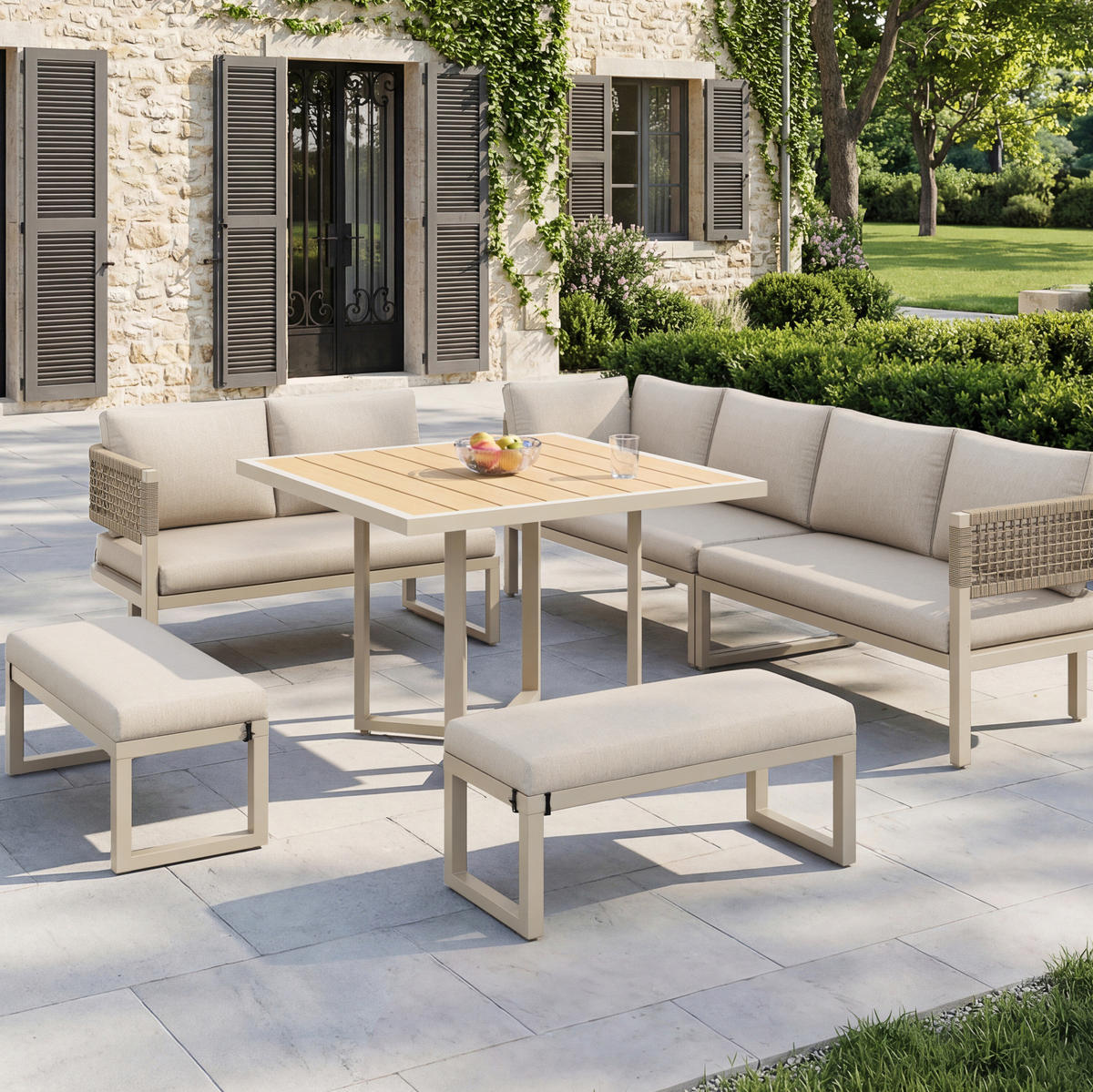 LOUNGEGARNITUR aus Metall & Kunststoffholz 110x58x78cm Beige - Beige, Metall - Modfu