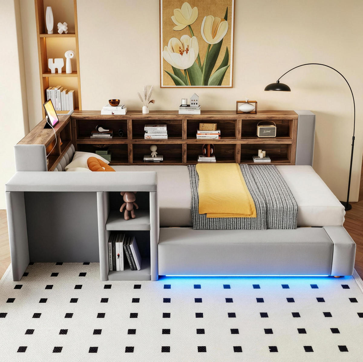 POLSTERBETT 90/200 cm aus Samtstoff mit LED, Dunkelgrau - Dunkelgrau, Textil (90/200cm) - OKMYHOME