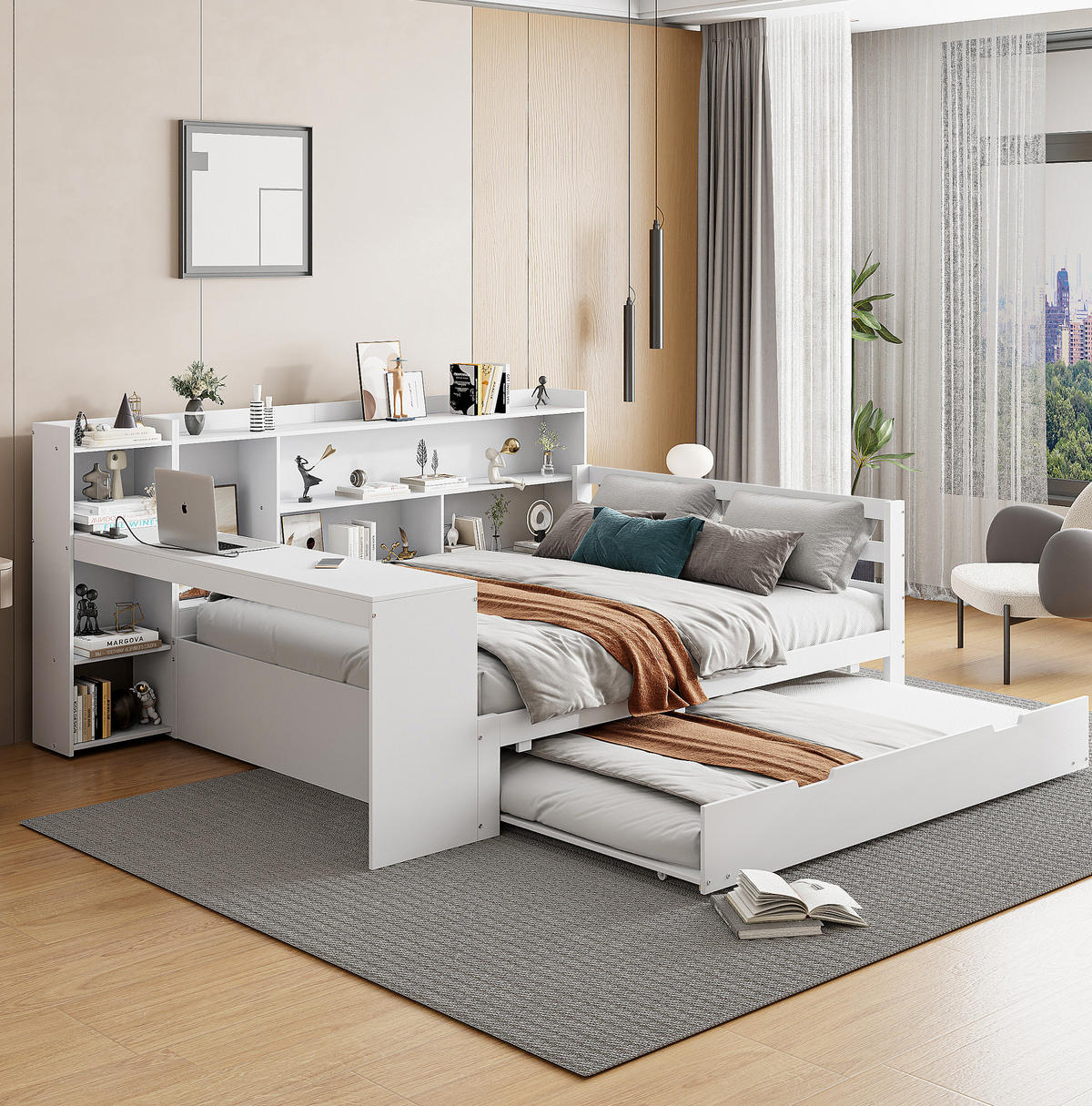 BETT aus 140x200 cm Weiß mit Ausziehbett, Schreibtisch, Regalen und Steckdose - Weiß, Holzwerkstoff (90/200cm) - Modfu