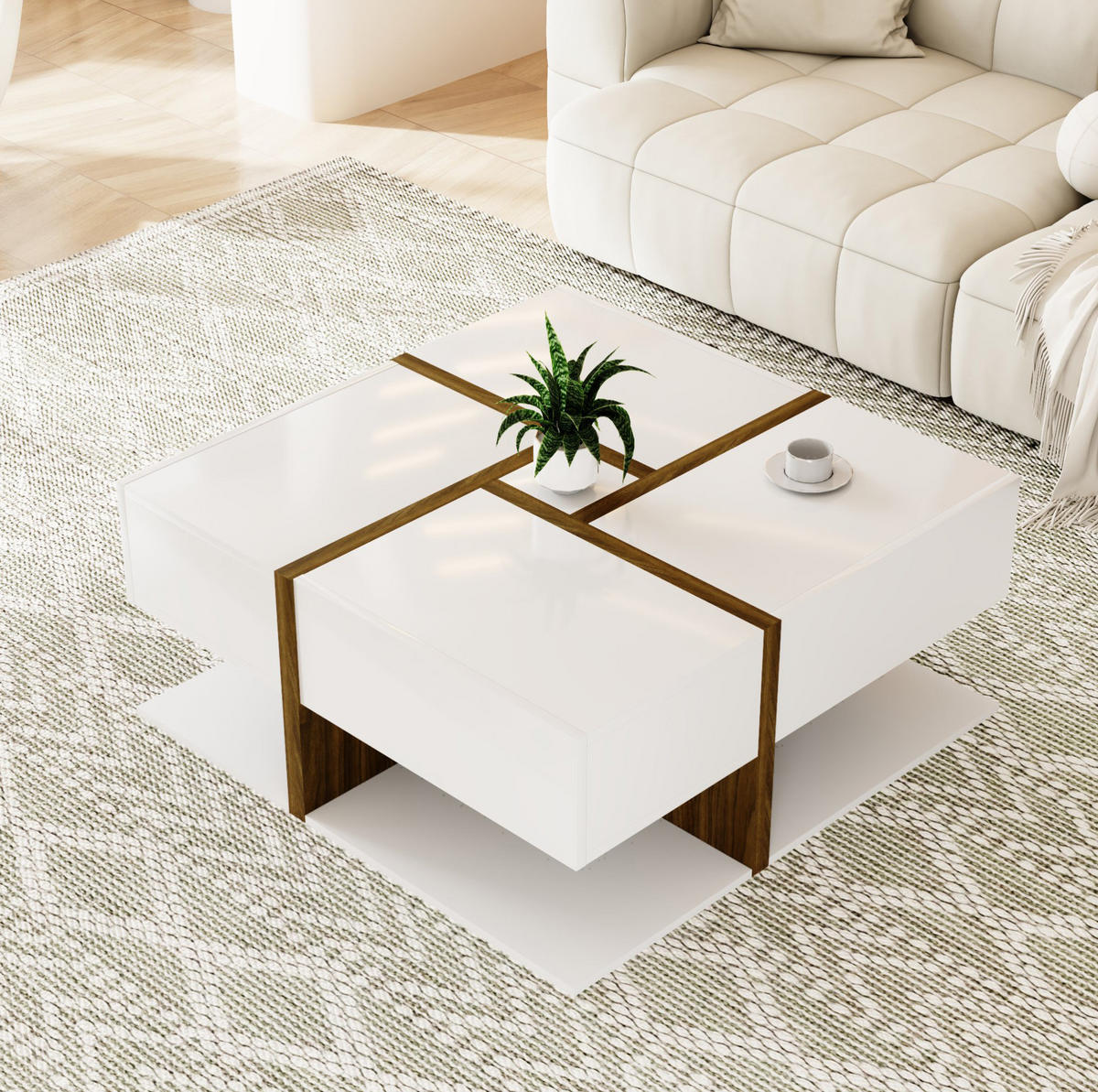 COUCHTISCH mit 4 Schubladen 78 x 78 cm Hochglanz Weiß - Weiß, Holzwerkstoff (78/78/34.8cm) - Meubliv