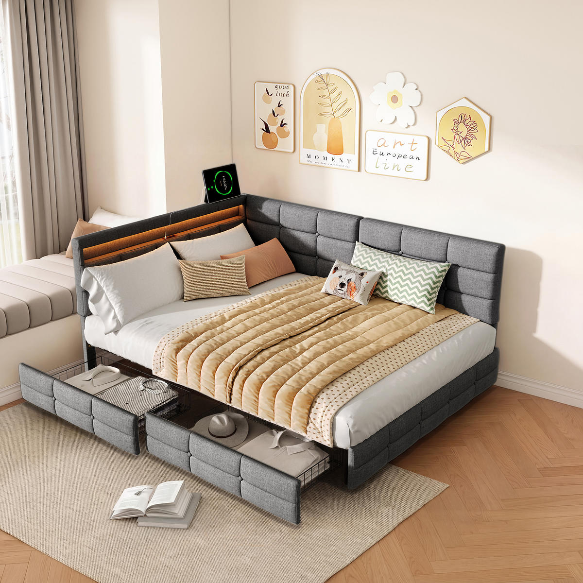 POLSTERBETT 140x190 cm Tagesbett mit 2 Schubladen, LED & USB, Doppelbett mit L-förmigem Kopfteil, Grau - Grau, Metall (140/190cm) - EuroLiving