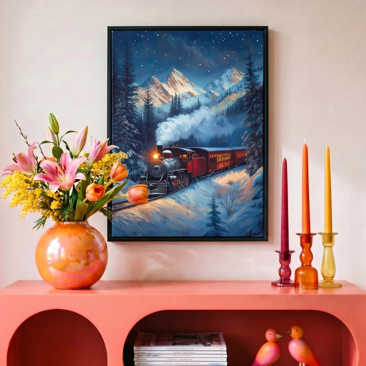LEINWAND Bilder mit Rahmen - Zug - Weihnachten - Schnee - Weihnachtszug - 30x40 - Anthrazit, Textil (30/40cm) - MuchoWow
