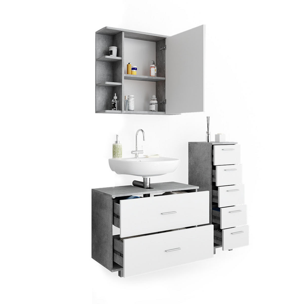 BADMÖBEL-SET Ilias Beton/Weiß 3 Teile, mit Unterschrank 80 cm - Weiß/Grau, Holzwerkstoff (80/60/33cm) - Vicco