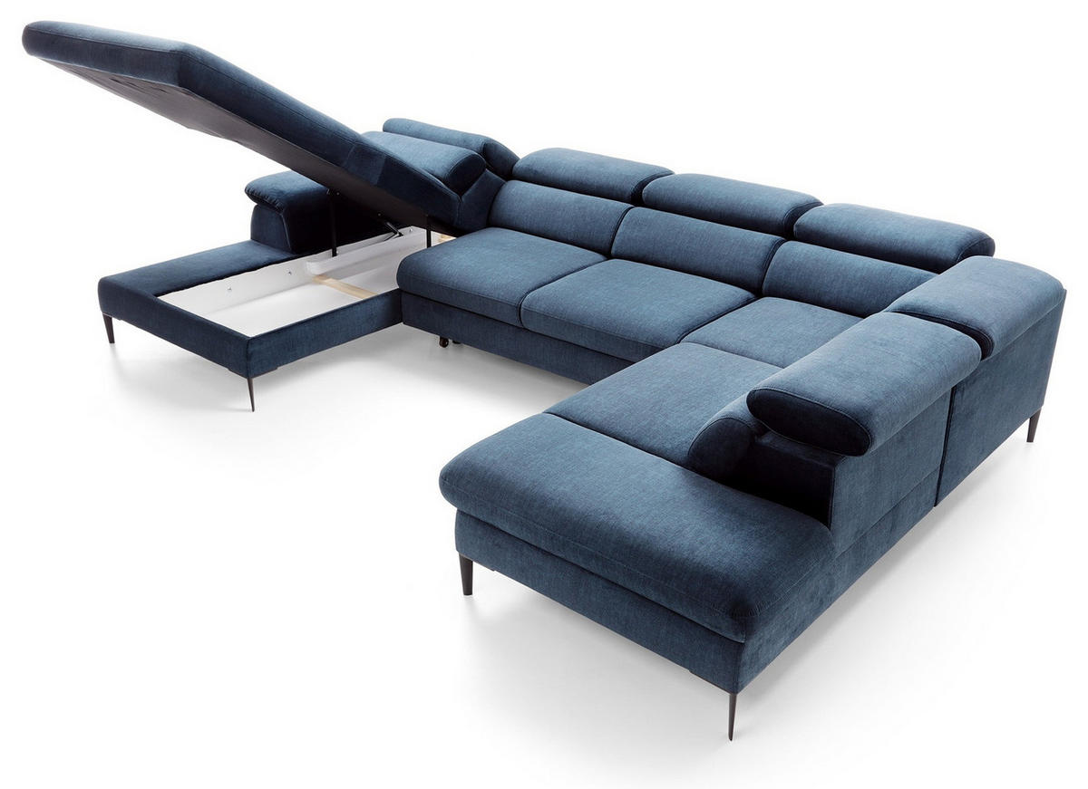 ECKSOFA U-Form 350 cm Amaro M mit Schlaffunktion, Links, Dunkelblau - Dunkelblau, Holz (214/353cm) - Emporius