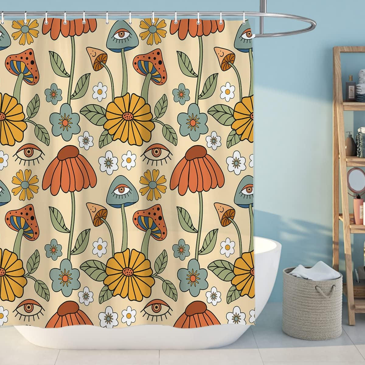 DUSCHVORHANG Champignon Boho Floral 180/180 cm Stoff mit 12 Haken - Ulmefarben, Kunststoff (180/180cm) - MCBOSON