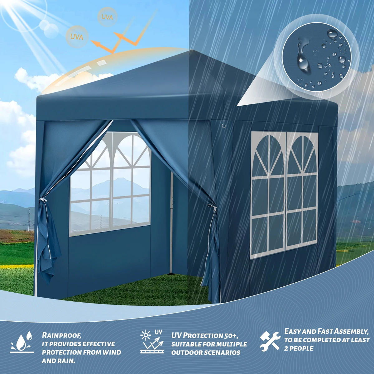 PAVILLON 2x2 m Blau mit 4 Seitenwänden - Blau, Textil/Metall (200/200cm) - Kaket