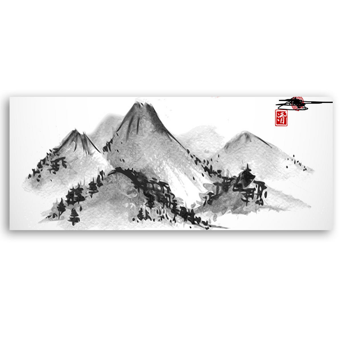 WANDBILD japanische berge - Schwarz, Textil (90/30cm) - Feeby