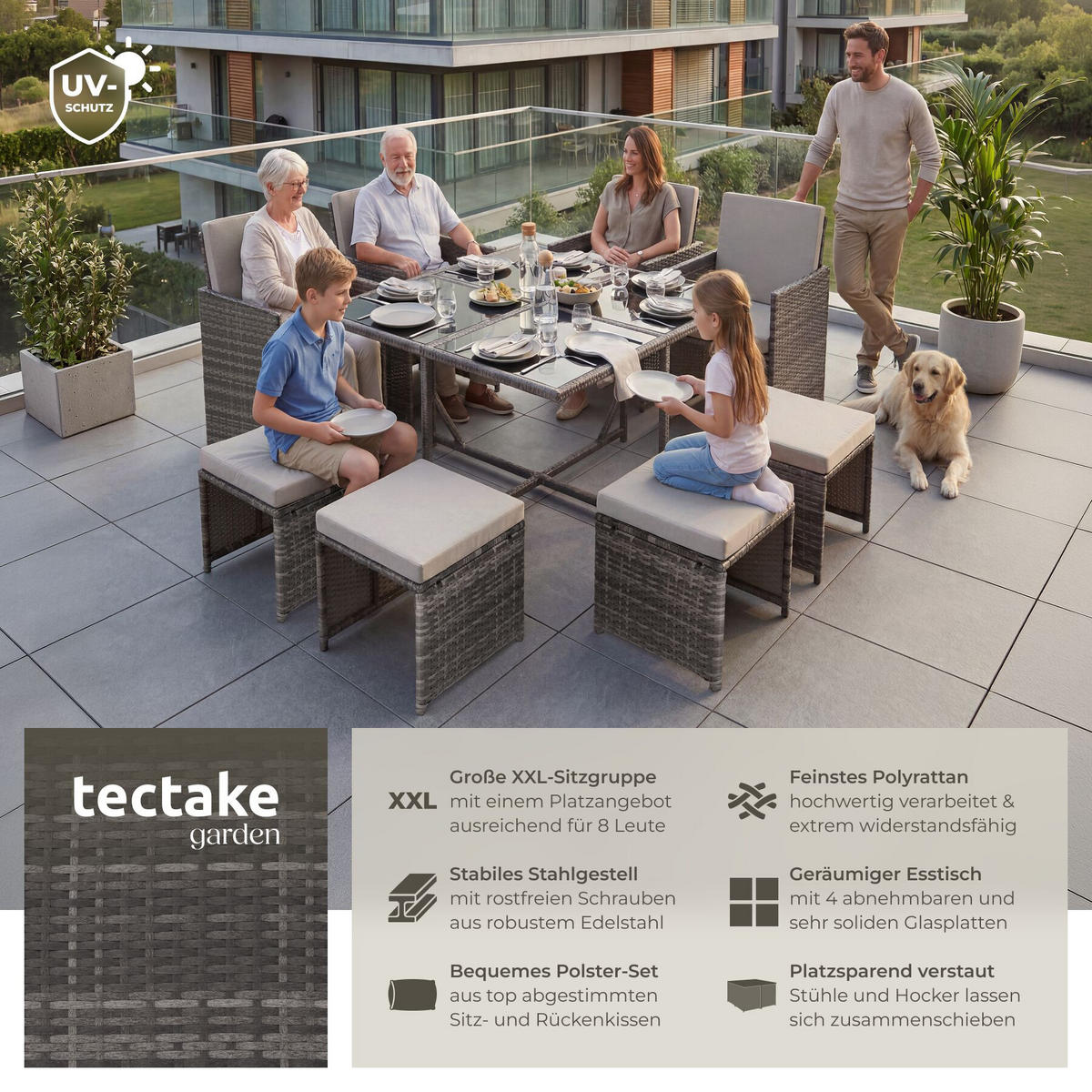 RATTAN SITZGRUPPE Bilbao, zusammenschiebbar, inklusive Schutzhülle, grau - Grau, Kunststoff - tectake