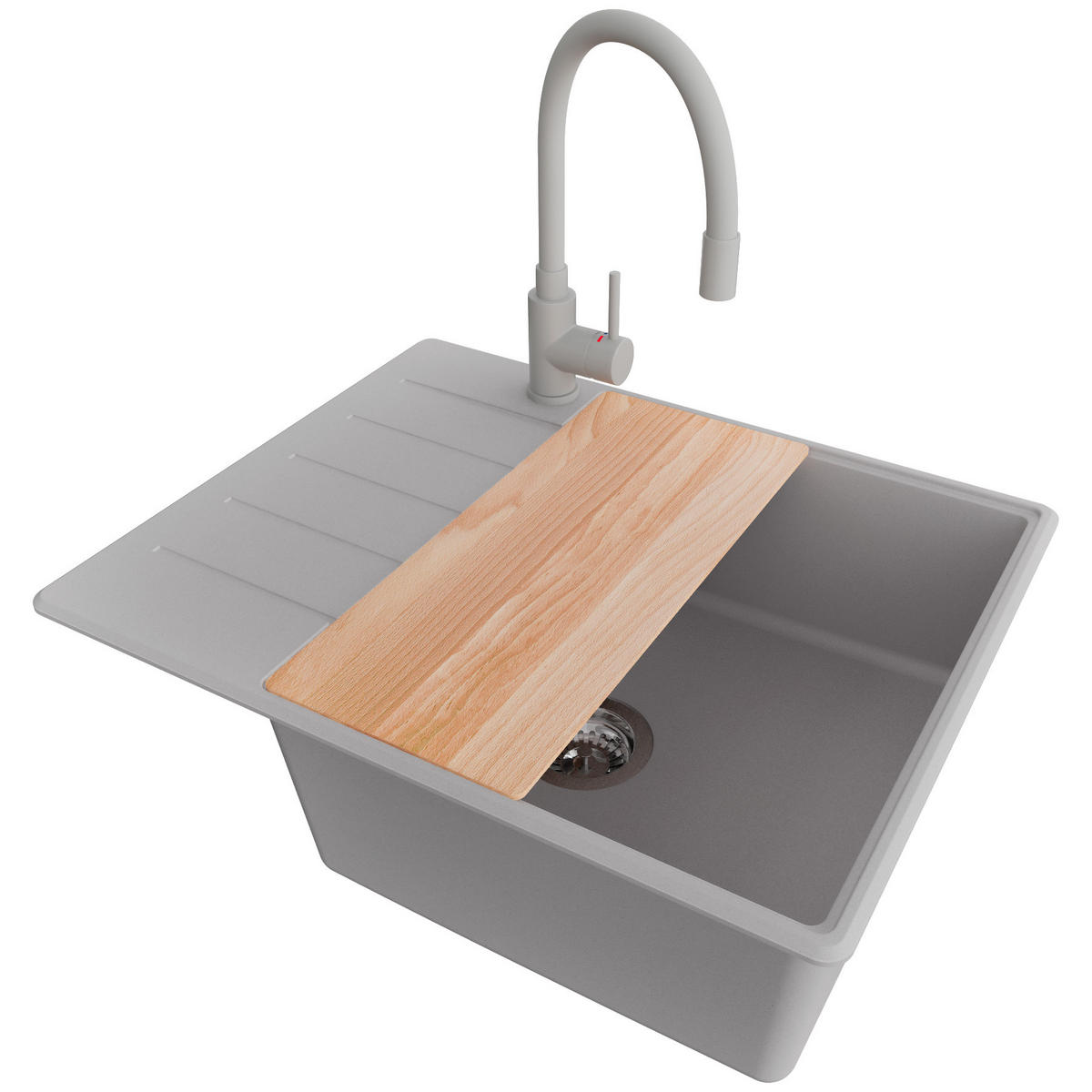 GRANITSPÜLE Kopenhagen, 2-er set Grau 62/50 cm 1 Becken + Küchenarmatur 38/14 cm + Ablauf-Set + Schneidebrett ab 50er Unterschrank - Chromfarben/Beige, Kunststoff (62/20/50cm) - Primagran