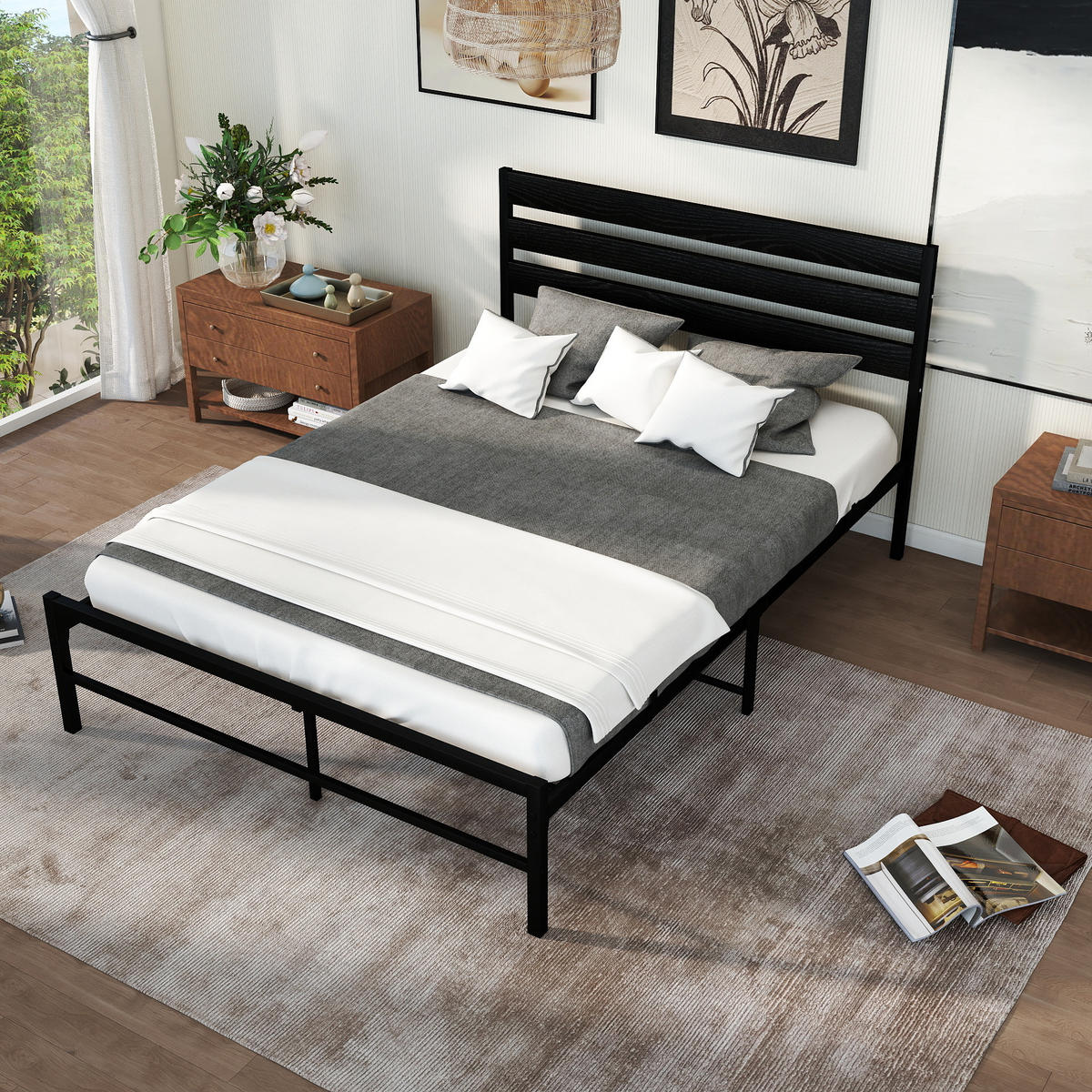 METALLBETT 140/200 cm mit Stauraum unter dem Bett, mit Lattenrost - Schwarz, Metall (140/200cm) - WISHDOR