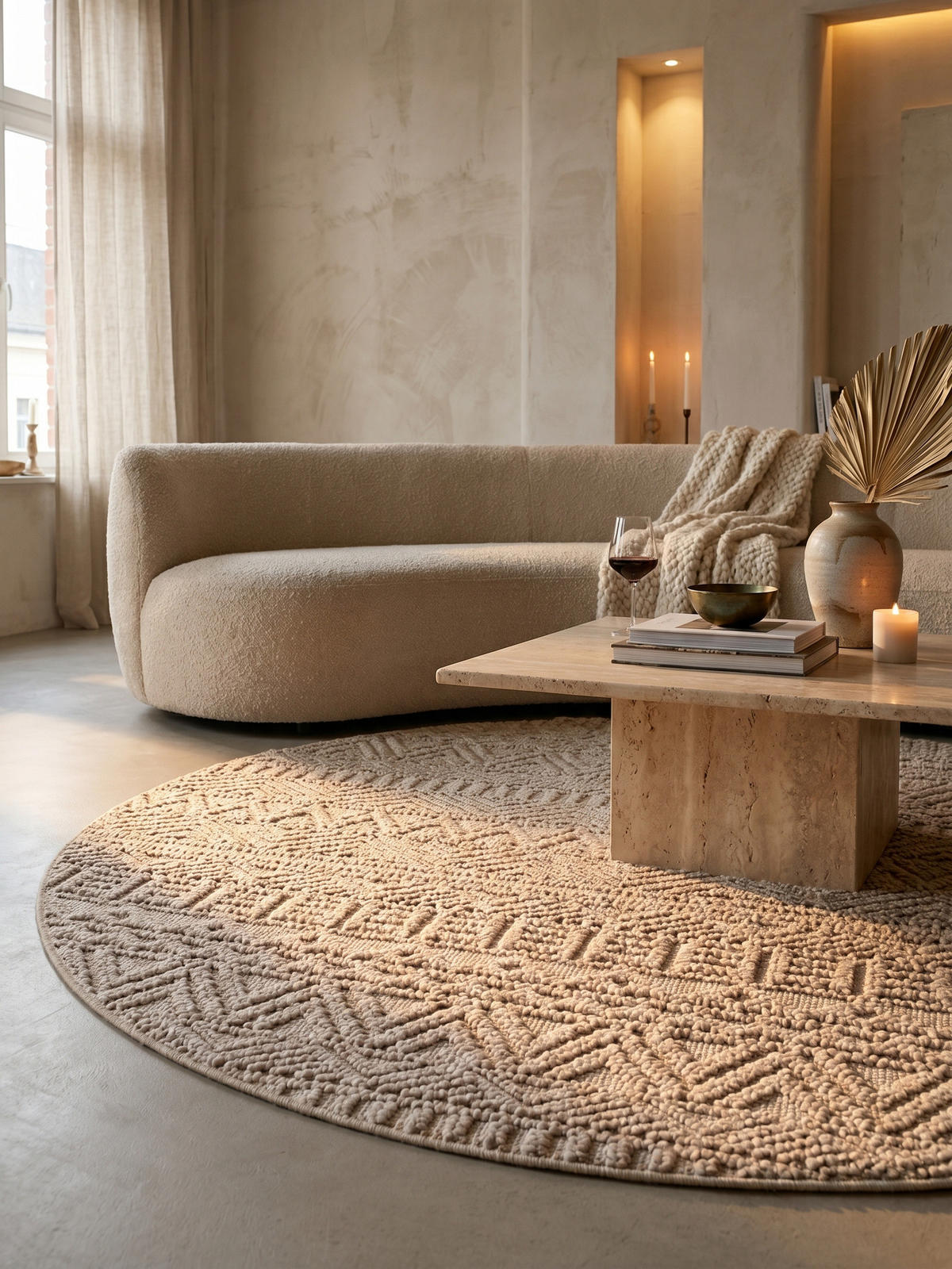 TEPPICH Flachgewebe LANGAU in Beige, mit Ethno-Streifen, Ø 200 cm - Beige, Textil (200/200cm) - KADIMA DESIGN
