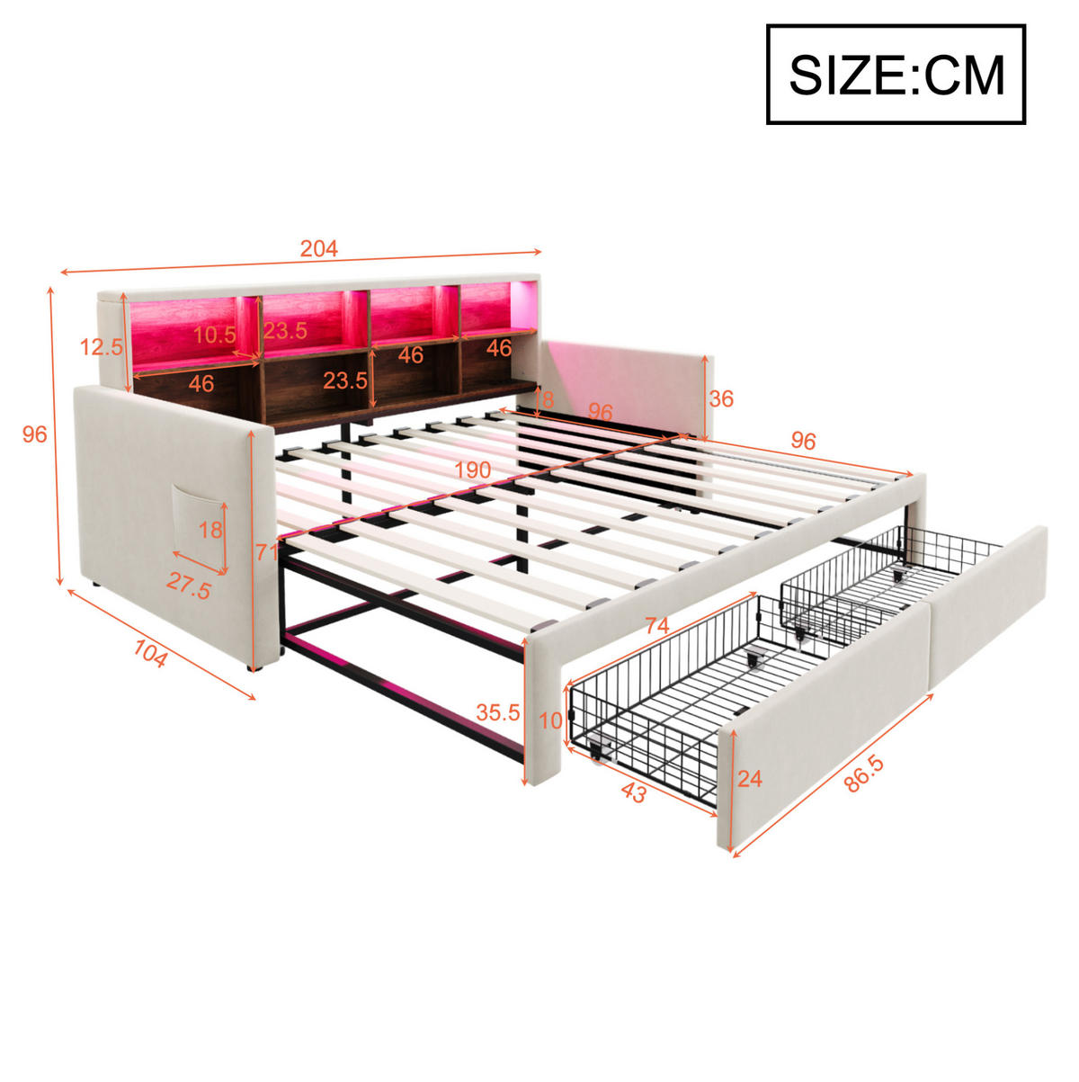 ČALÚNENÁ posteľ 90/190 cm rozkladacia s LED osvetlením, zásuvkami a úložným čelom, zamatová, Béžová - béžová, textil (90/190cm) - Redom