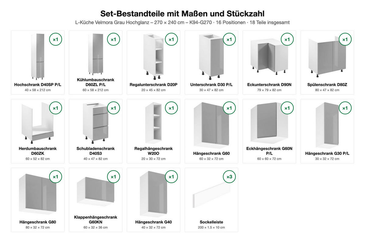 L-KÜCHE Velmora Grau Hochglanz – 270 × 240 cm – K94-G270 - Grau, Holz (270/212/240cm) - ROYAL24_MARKT