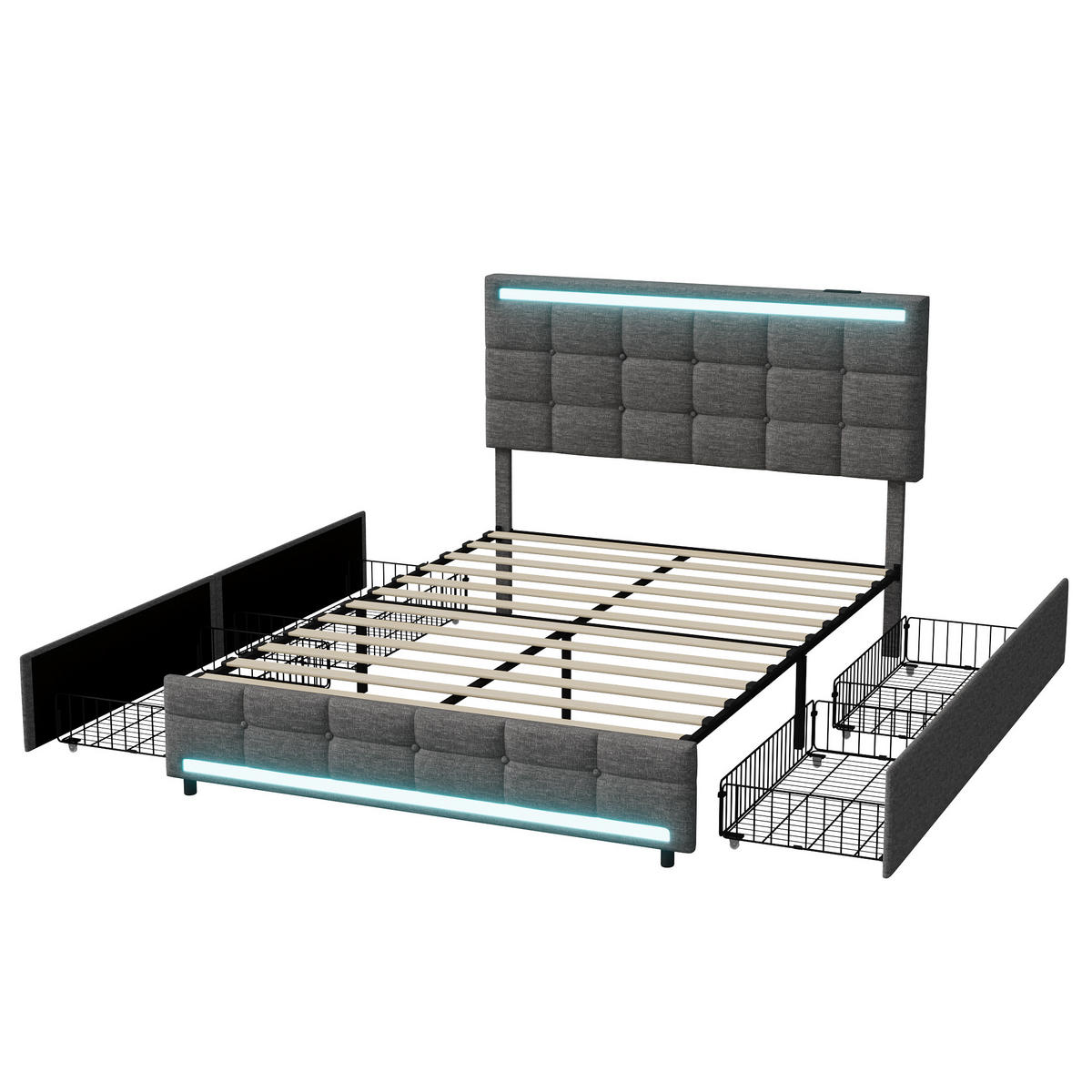 POLSTERBETT 140x200 cm LED USB 4 Schubladen Stauraum Leinen grau - Grau, Holz (140/200cm) - LEBENLANG