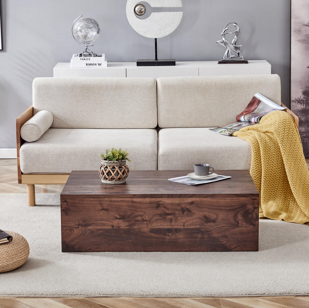 COUCHTISCH aus MDF 90x50x30 cm in Walnuss mit rutschfesten Füßen - Walnussfarben, Holzwerkstoff (90/50/30cm) - Modfu