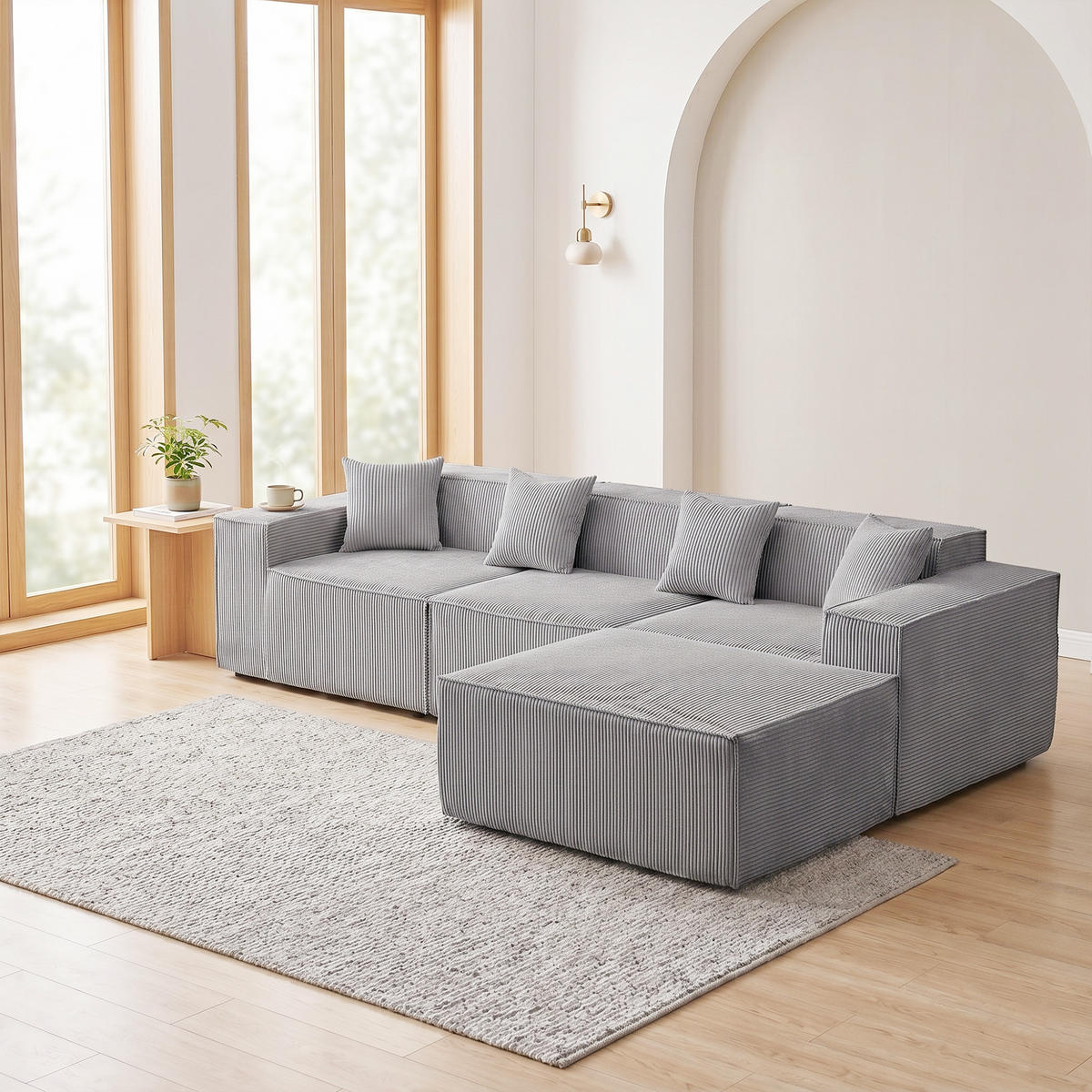 ECKSOFA 3-Sitzer Cord Grau modular - Grau, Textil (277/165.5cm) - WISHDOR