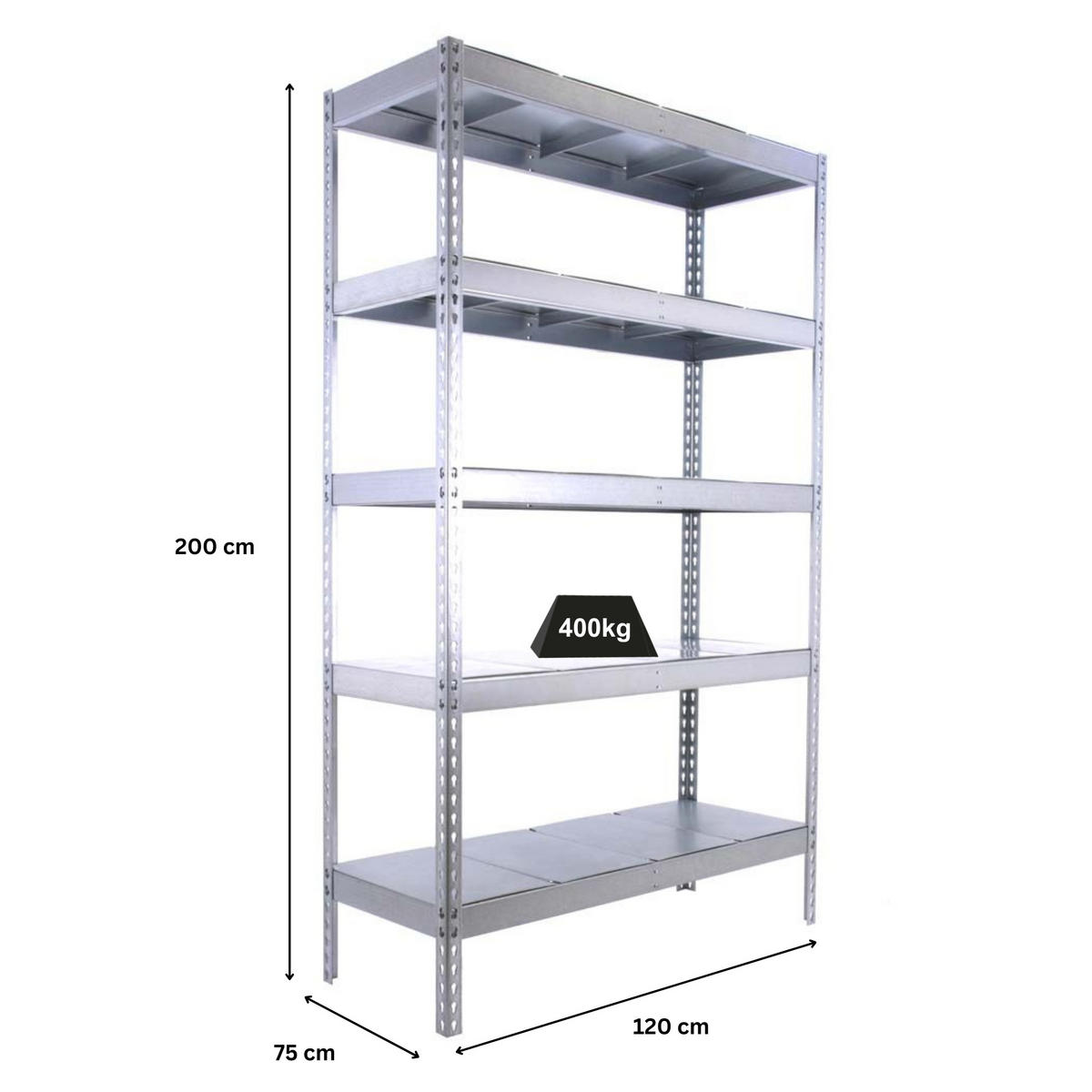 SCHWERLASTREGAL BIG METAL YETI FIVE | HxBxT 200x120x75cm | Fachlast 400kg | Verzinkt - Silberfarben, Metall (120/200/75cm) - PROREGAL