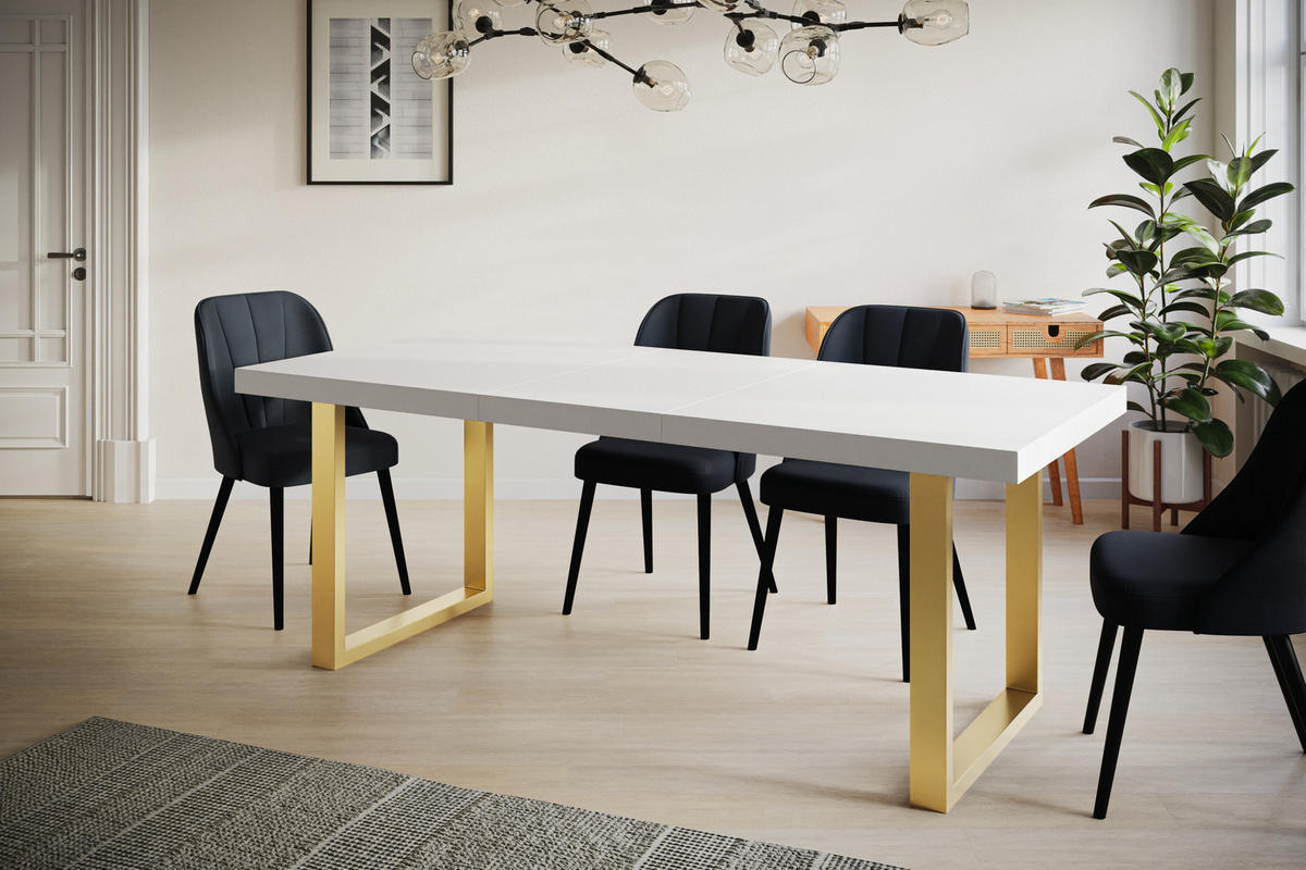 ESSZIMMERTISCH LOFT-U, ausziehbarer Tisch 160-260X90X77 cm, Farbe: Gold, mit Metallbeinen in Farbe Gold - Goldfarben/Weiß, Holzwerkstoff (160/90/77cm) - Alpi-Möbel