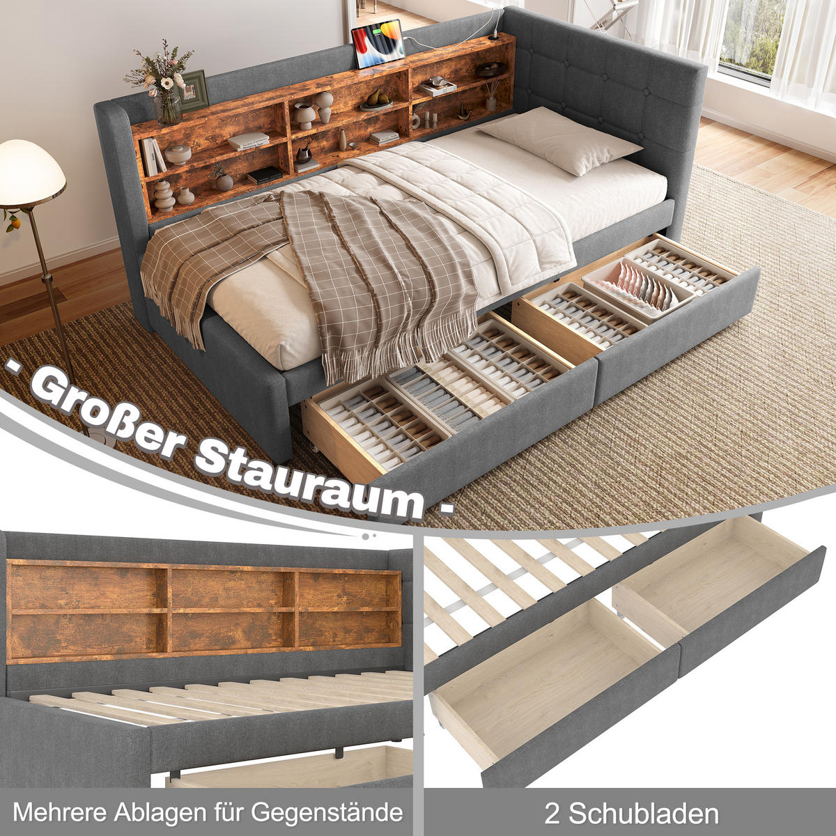TAGEBETT 90x200cm Grau Leinen 2 Schubladen USB-C Ablagefächer - Grau, Holz (90/200cm) - FLIEKS