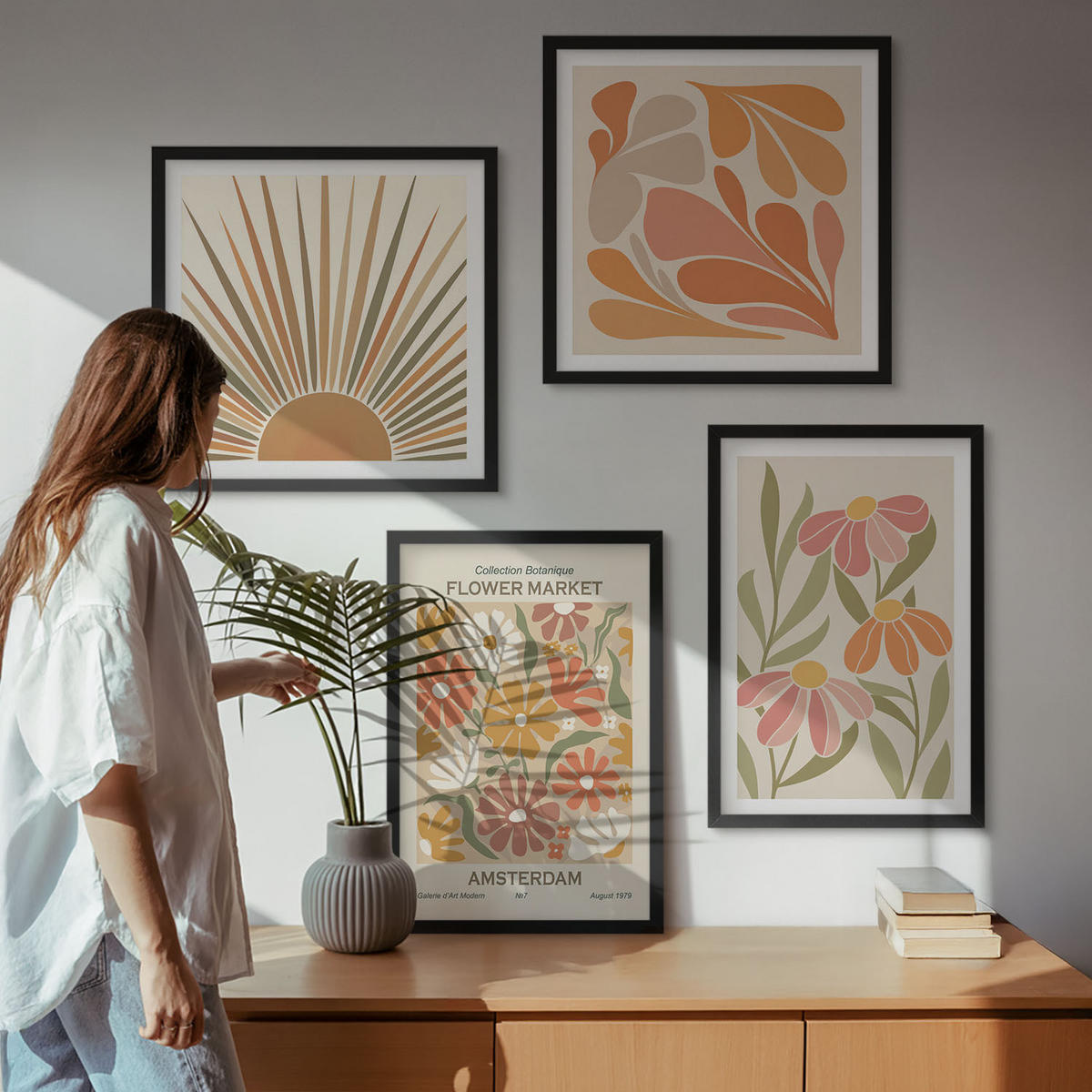 BILDER SET 4er Set - 50x50 cm & 40x60 cm Schwarzer Rahmen - Pastellfarbene Sonnenblumen - Schwarz, Kunststoff (50/50cm) - TULUP