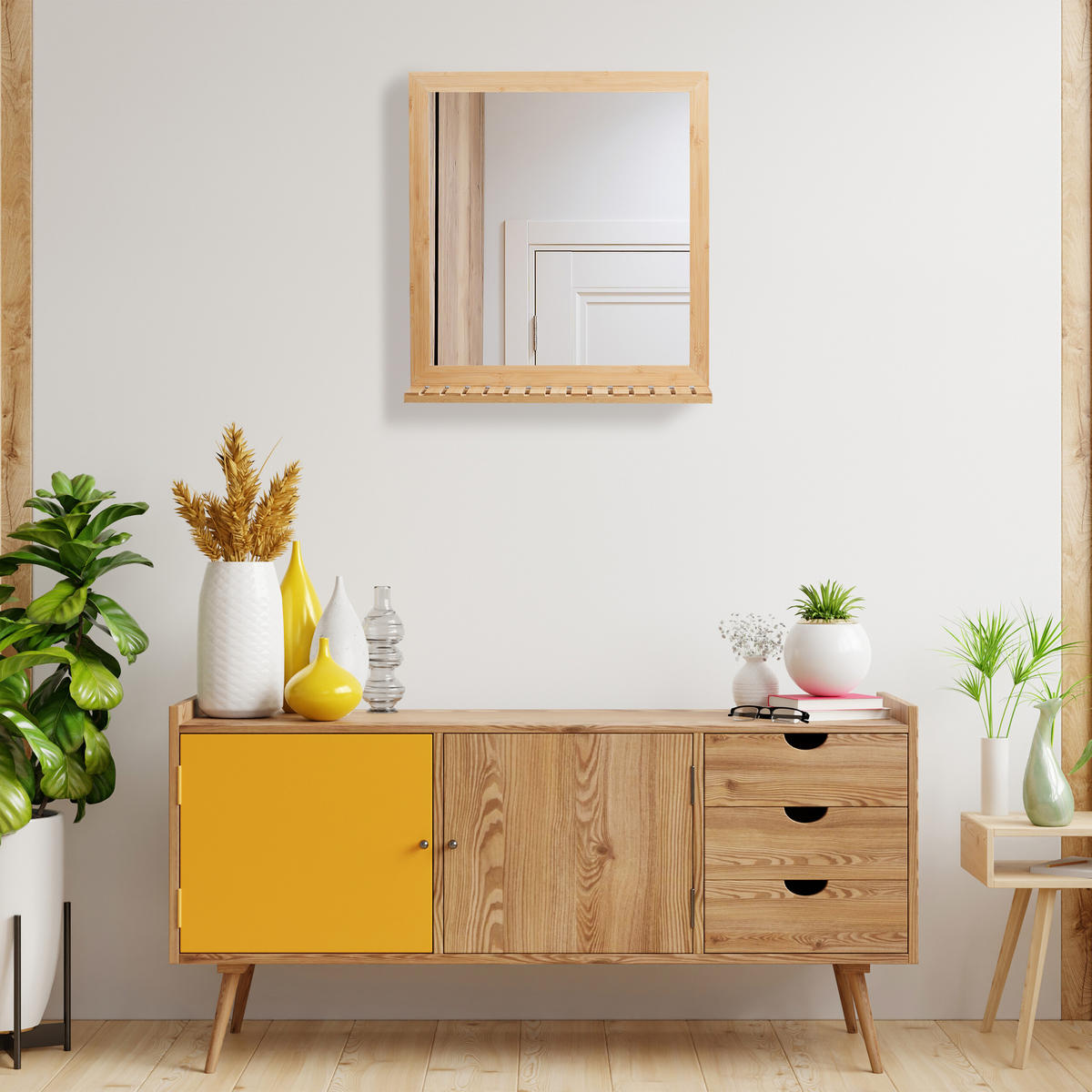 WANDSPIEGEL - Hellbraun, Glas/Holz (60/61.5/12cm) - Relaxdays