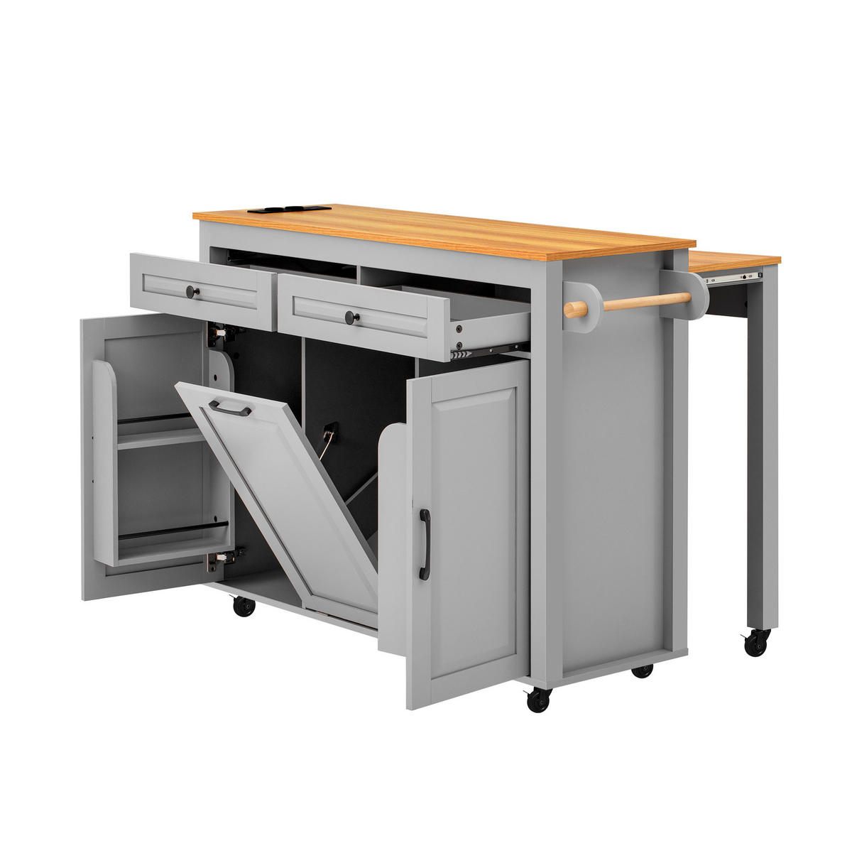 KUHINJSKI otok 120/40-75/92 cm sivi od MDF-a s izvlačnom radnom plohom i utičnicama - siva, drvni materijal (120/92/75cm) - OKWISH