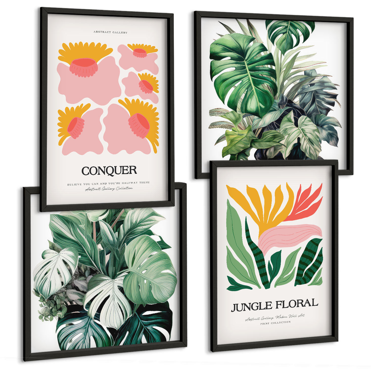 BILDER SET 4er Set - 50x50 cm & 40x60 cm Schwarzer Rahmen - Blumen und Blätter – moderne Poster - Schwarz, Kunststoff (50/50cm) - TULUP