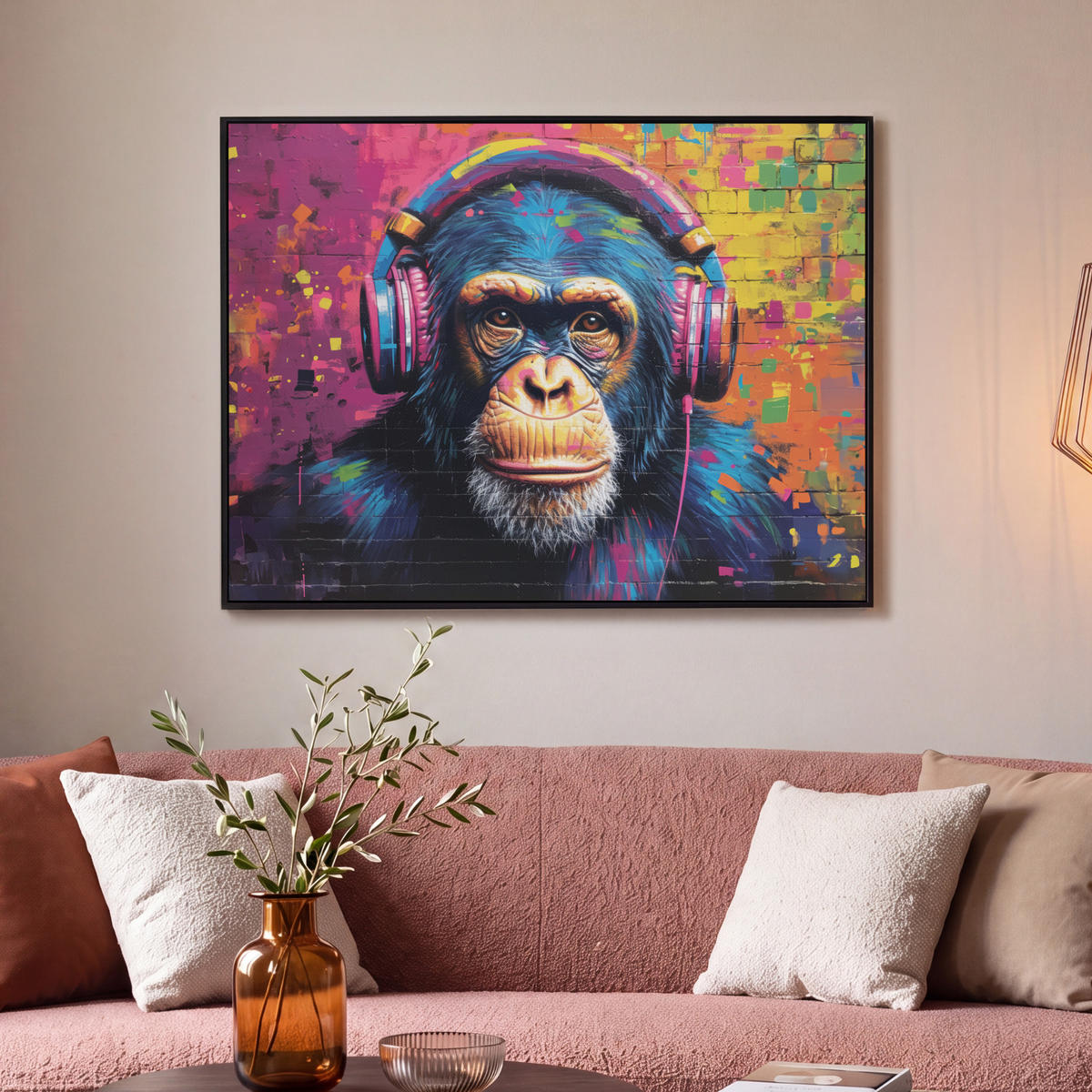 LEINWAND Bilder mit Rahmen - Graffiti - Schimpanse - Straßenkunst - Kopfhörer - Affe - 100x70 - Blau, Textil (100/70cm) - MuchoWow