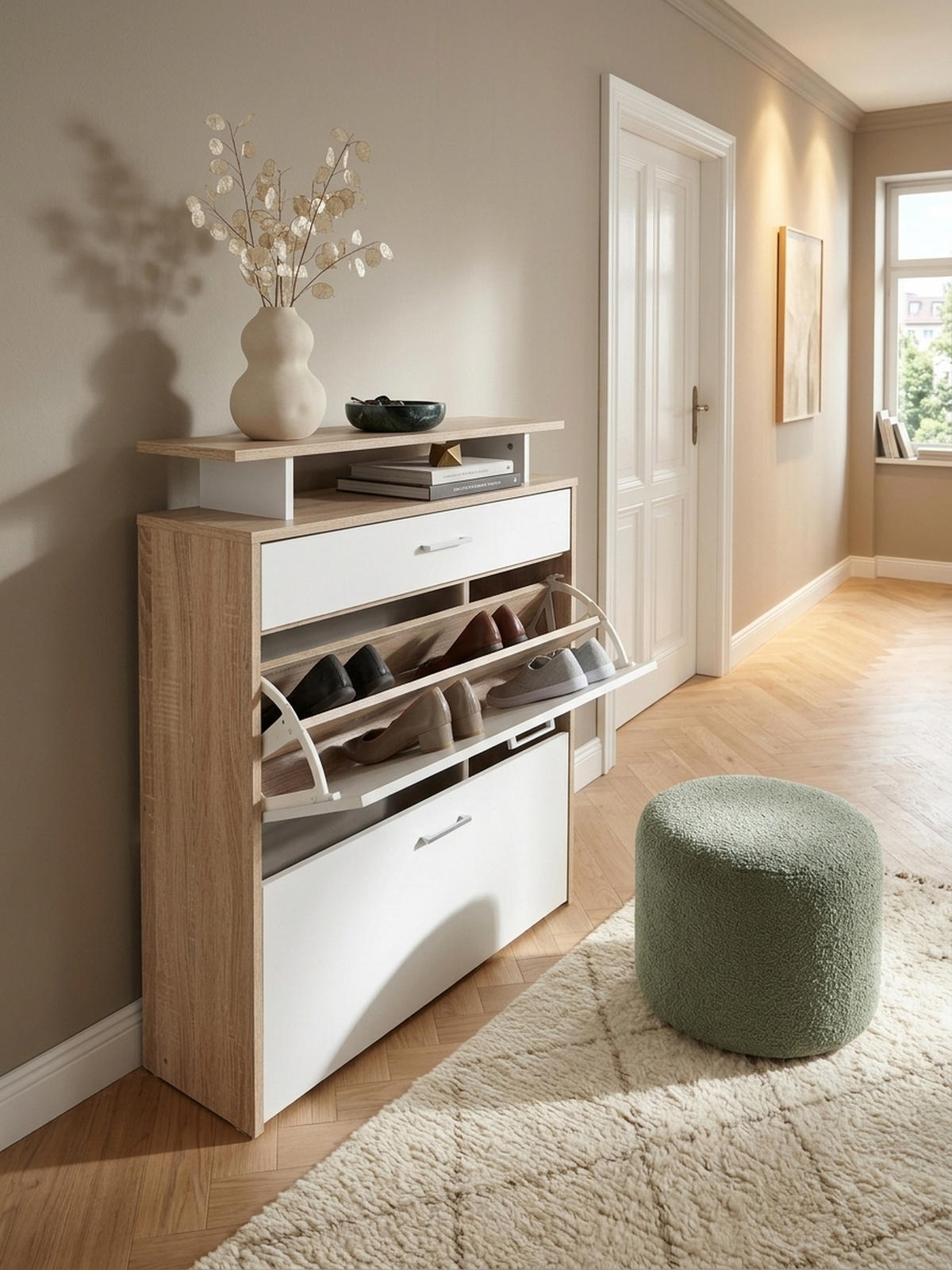 SCHUHKIPPER – Sonoma Eiche, 4 Fächer, großzügige Ablage, MDF-Holz - Beige, Holz (80/95/24cm) - KADIMA DESIGN