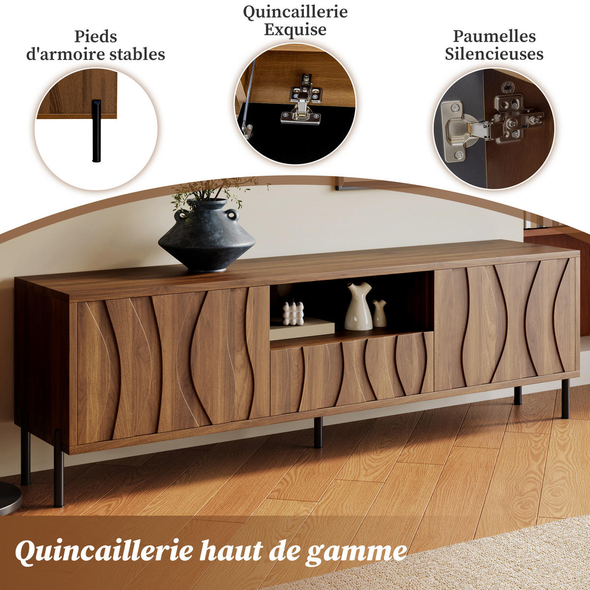 WOHNZIMMER-SET Massivholz Wellen Couchtisch TV modern - Naturfarben, Holzwerkstoff (160/46/35cm) - FLIEKS