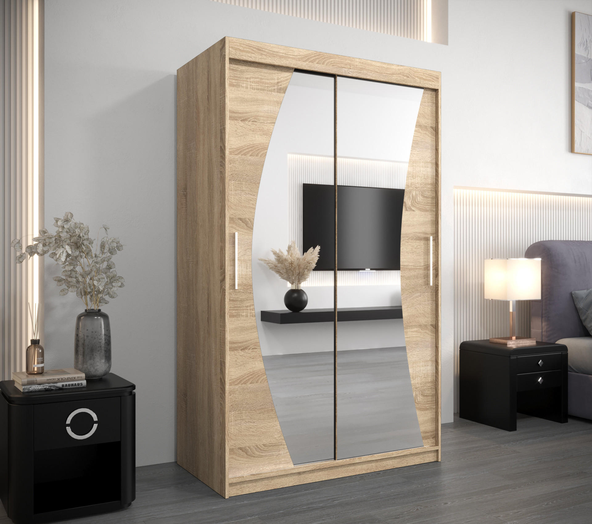 SCHWEBETÜRENSCHRANK 200/120/62 2-türig - Silberfarben/Sonoma Eiche, Holz/Kunststoff (120/200/62cm) - MÖBEL KRYSPOL