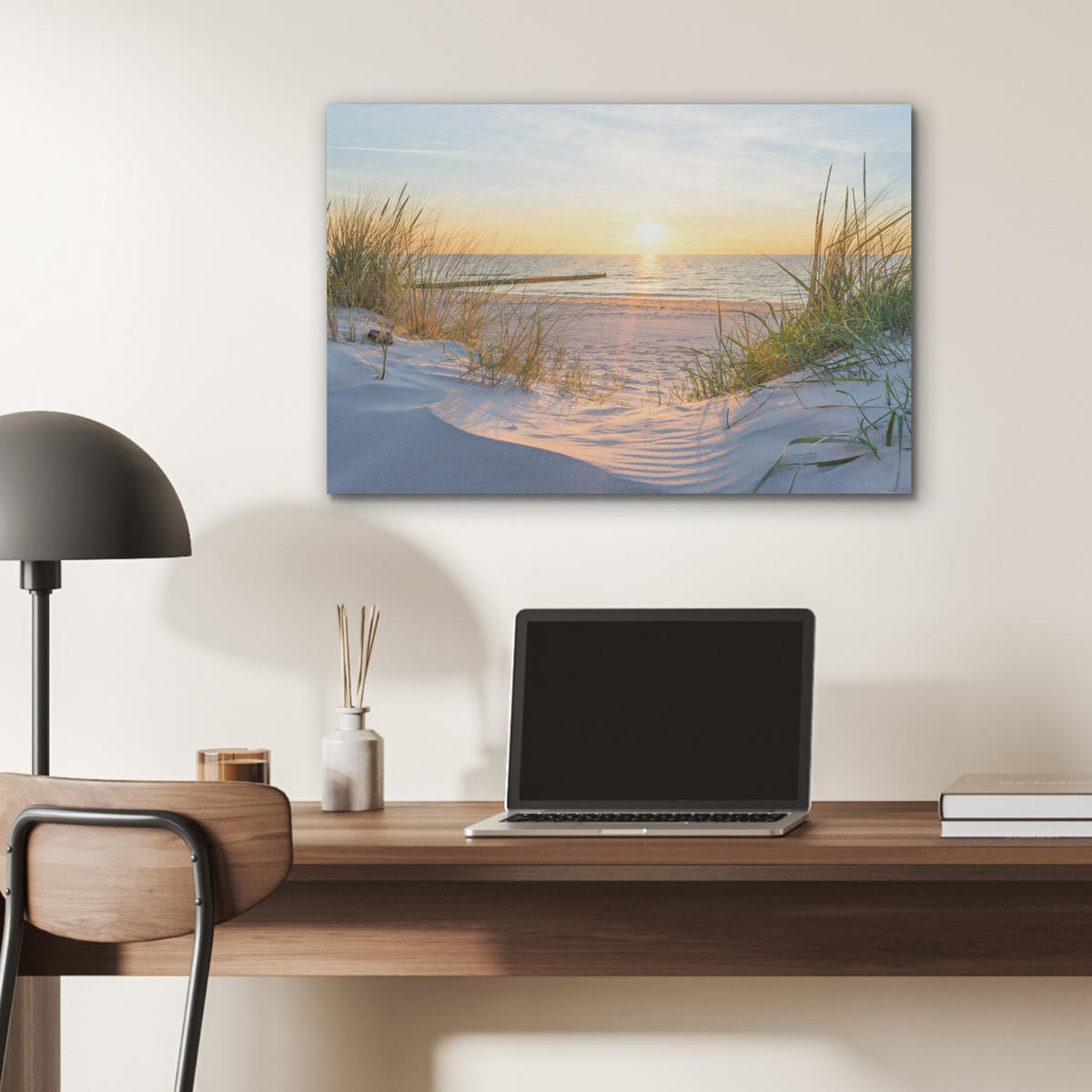 AKUSTIKBILD Strand - Sonne - Düne - Gras - Sand - Horizont Wanddeko 70x50 cm - Hellblau, Kunststoff (70/50/0.9cm) - MuchoWow