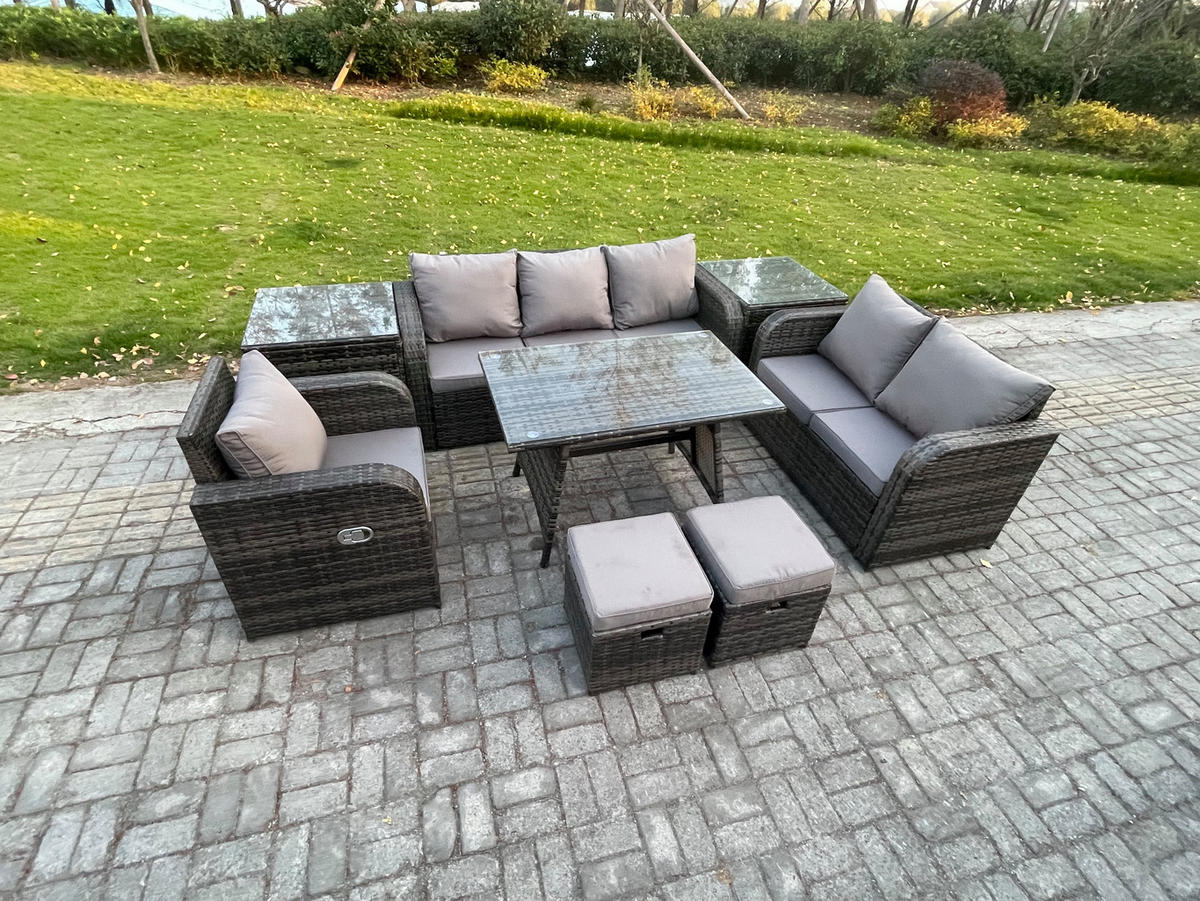 GARTENMÖBEL SET Polyrattan Dunkelgrau 8-Sitzer - Dunkelgrau/Grau, Glas/Kunststoff - Fimous