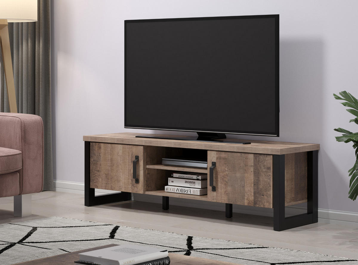 TV-LOWBOARD Eiche Tabak, schwarz 166 x 50 cm, TV-Unterteil mit 6 Fächern - Eichefarben/Schwarz, Holzwerkstoff/Kunststoff (166/50/45cm) - Top.Furn