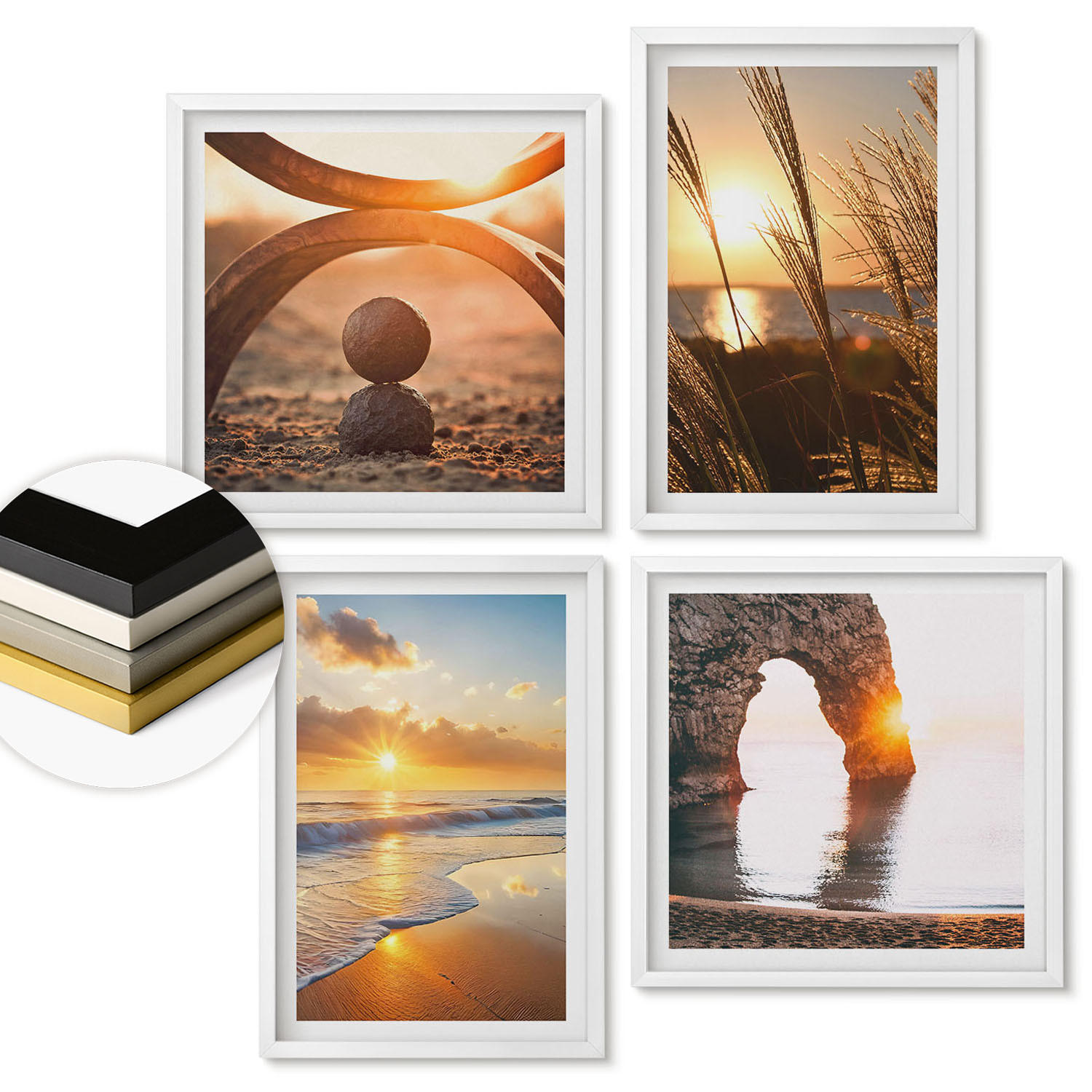 WANDBILDER 4er-Set - 50x50 cm & 40x60 cm Weißer Rahmen - Ruhige Landschaften am Strand der Sonne - Weiß, Kunststoff (50/50cm) - ArtPrintCave