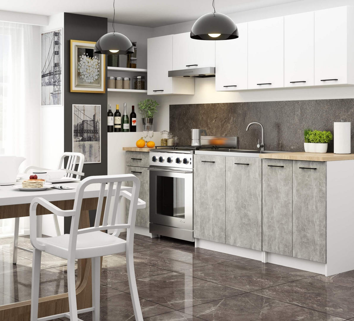 BUCĂTĂRIE fără electrocasnice Alb, beton 203/240/46 - alb, compozit lemnos (240/203/46cm) - RAUMHIRSCH FURNITURE