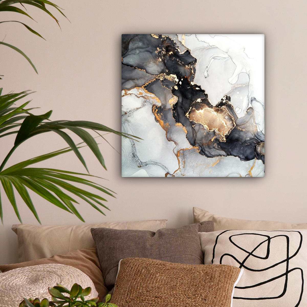 LEINWANDBILD Marmor - Schwarz - Weiß - Gold - Luxus - Abstrakt 50x50 cm - Goldfarben, Textil (50/50cm) - MuchoWow