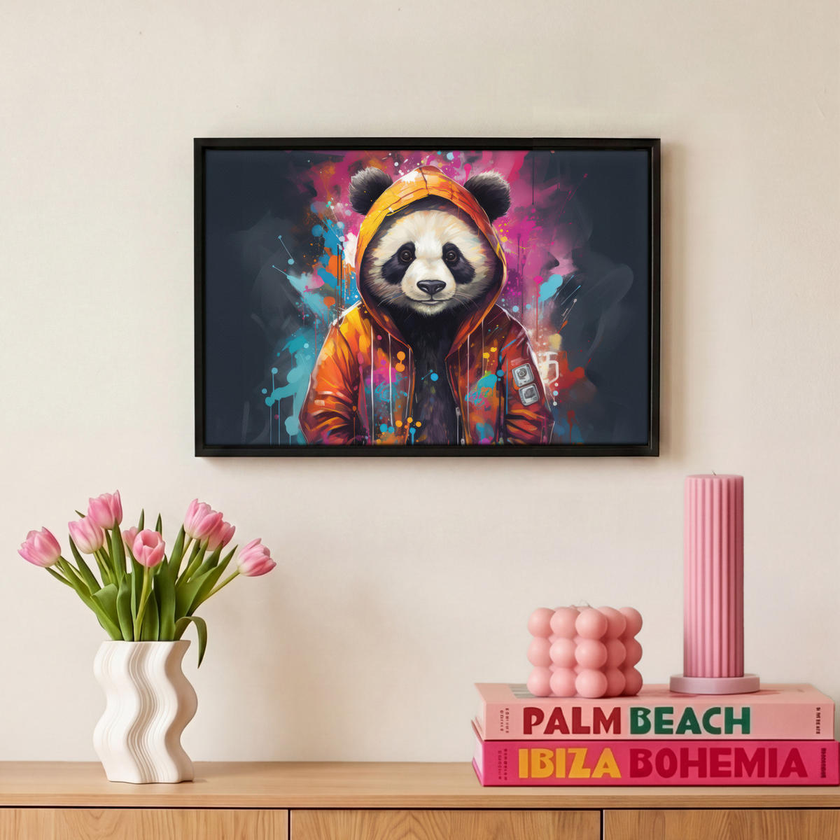 LEINWAND Bilder mit Rahmen - Panda - Jacke - Graffiti - Orange - 30x20 - Orange, Textil (30/20cm) - MuchoWow