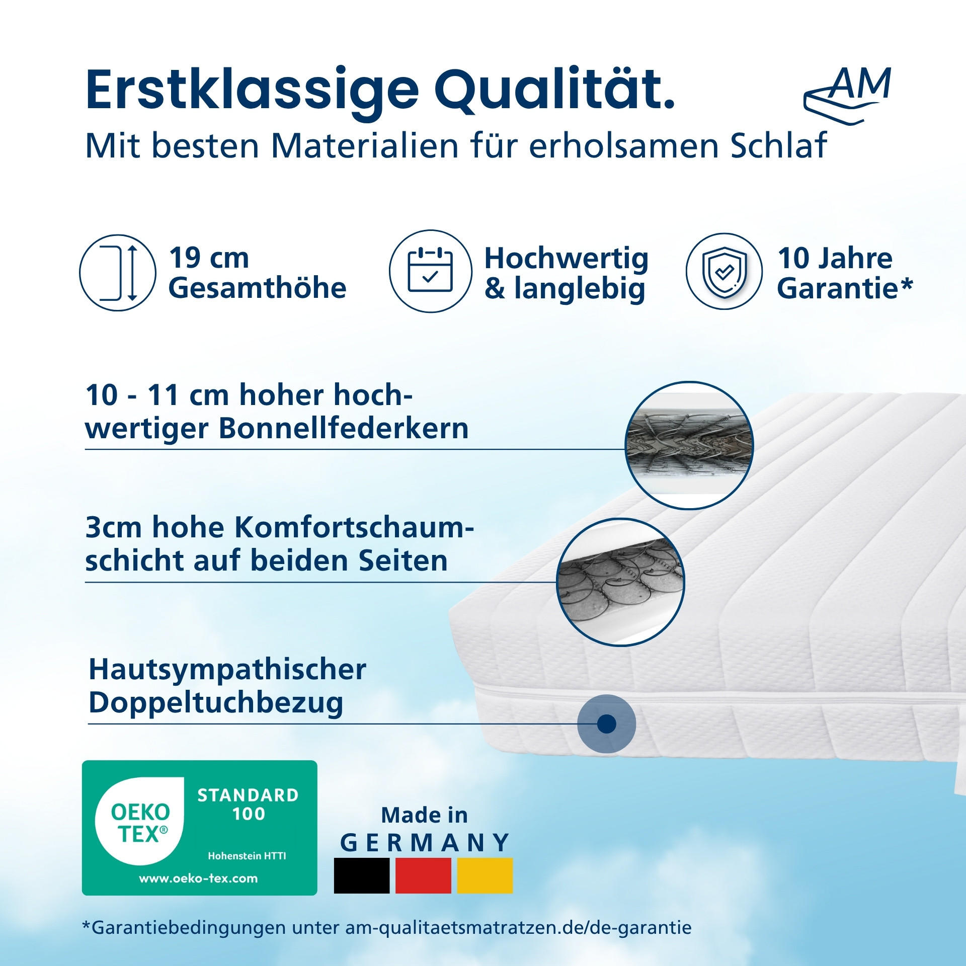 Thumbnail - AM Qualitätsmatratzen Bonellfederkernmatratze, Weiß, Textil, Uni, Füllung: Schaumstoff, Rechteckig, 120x200 cm, Oeko-Tex...